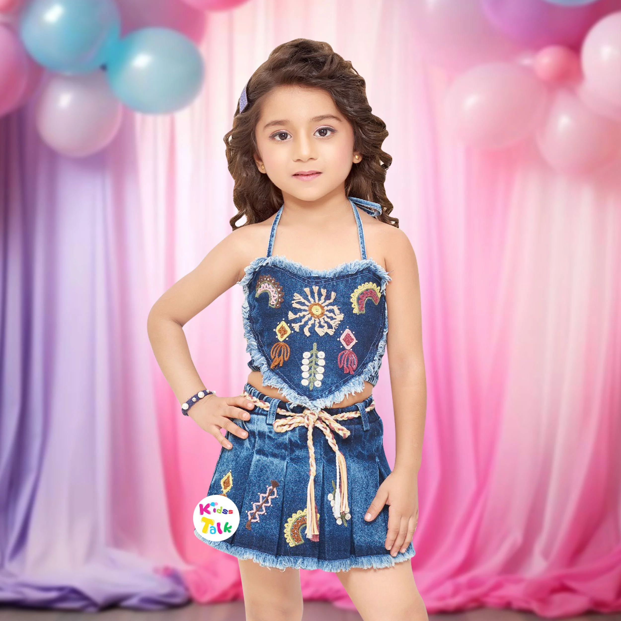 Denim Sleeveless Top With Embroidered & Skirt - Denim Blue