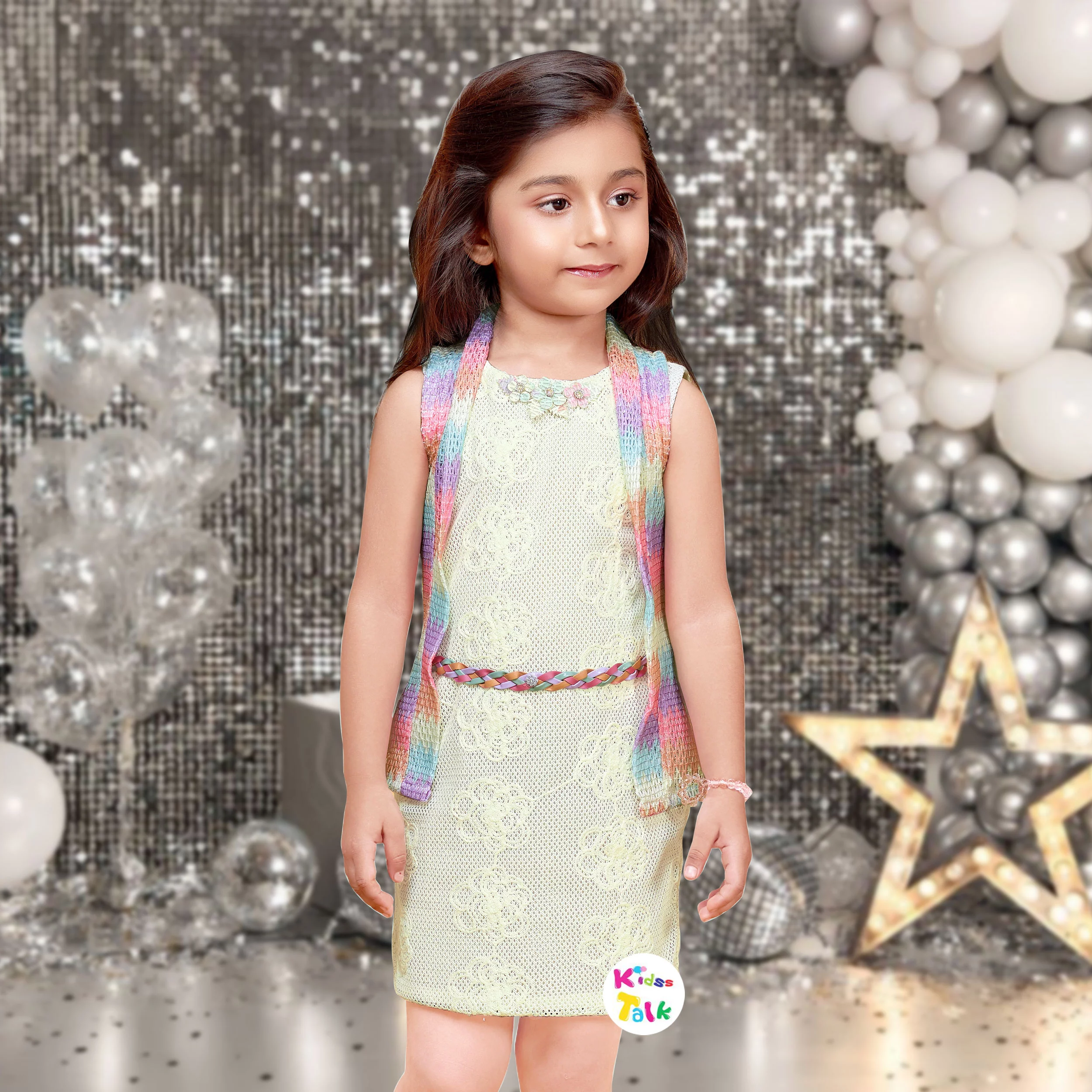 Cotton Knitted Sleeveless Party Frock With Shrug- Peach