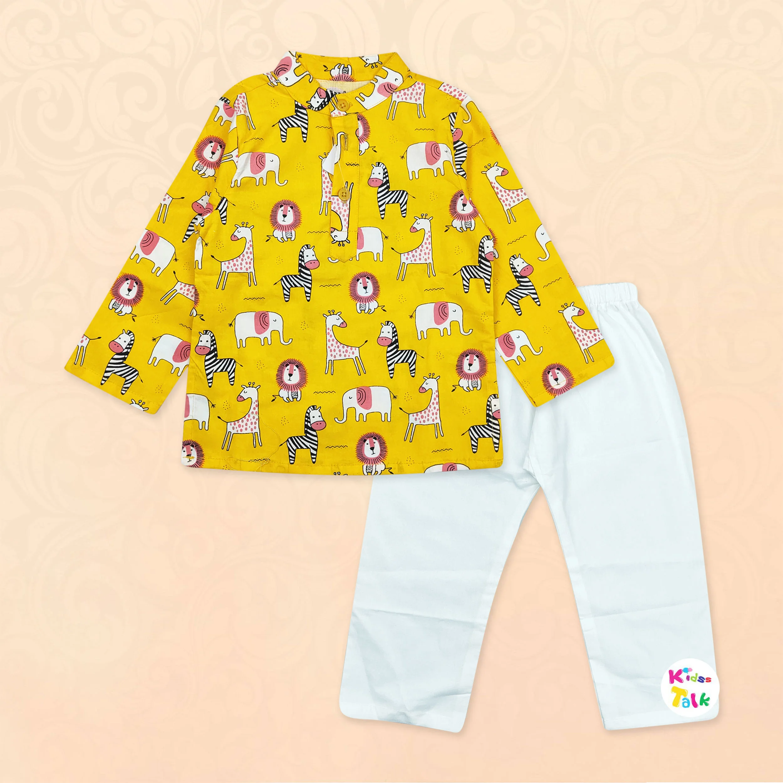 Cotton Full Sleeve Printed Kurta With Pyjama - Mustard