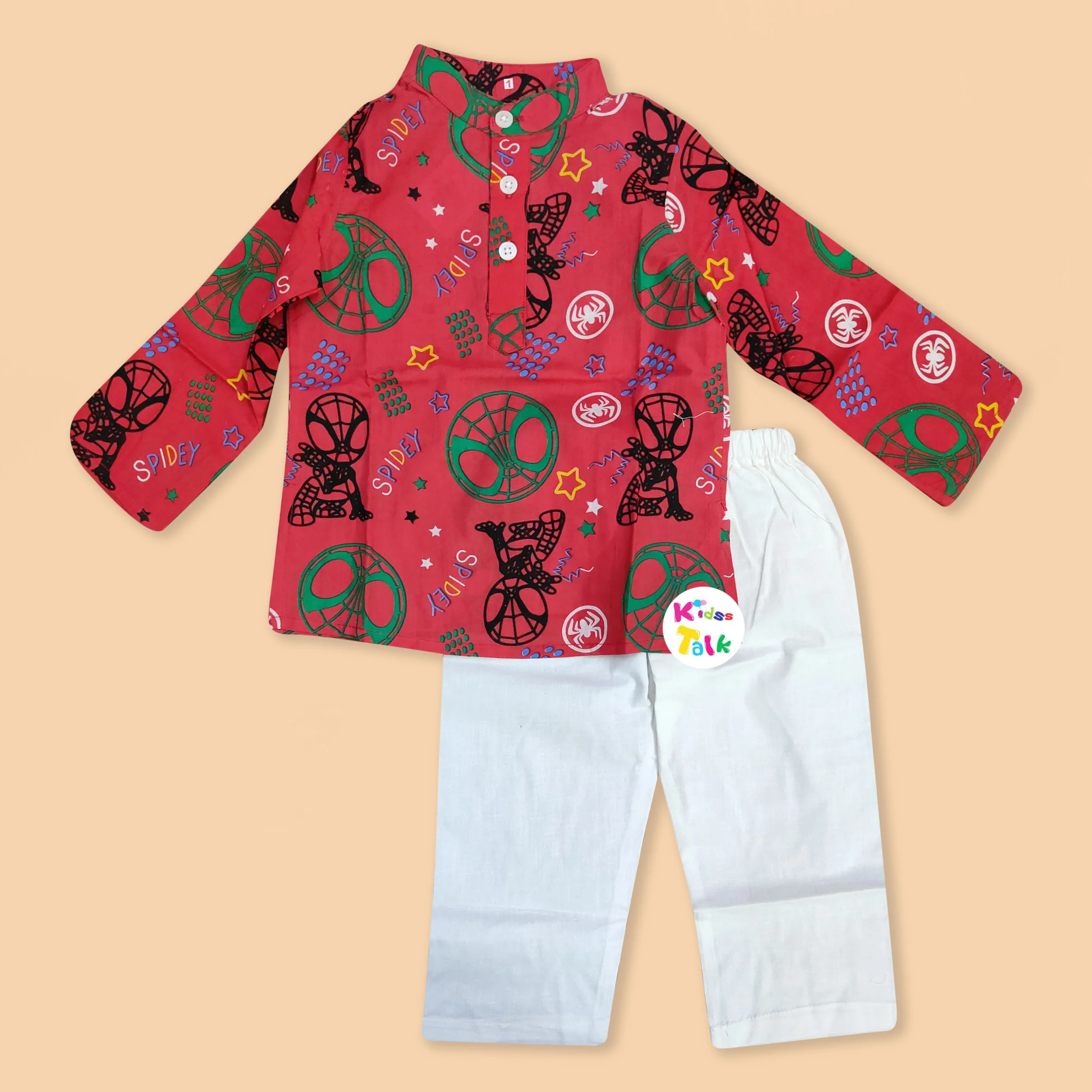 Cotton Full Sleeve Printed Kurta With Pyjama - Red