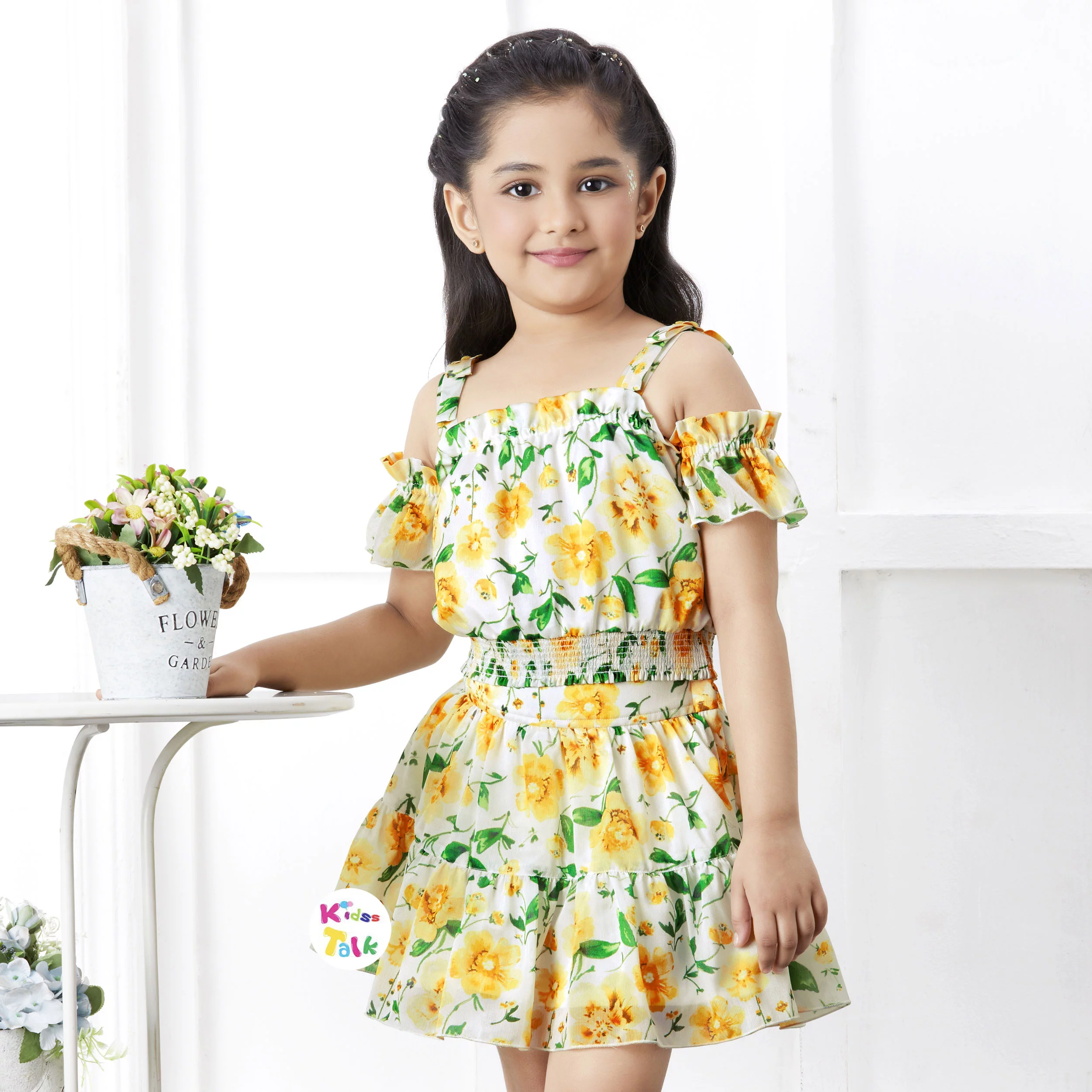Georgette Floral Print Sleeveless Top With Skirt -mustard