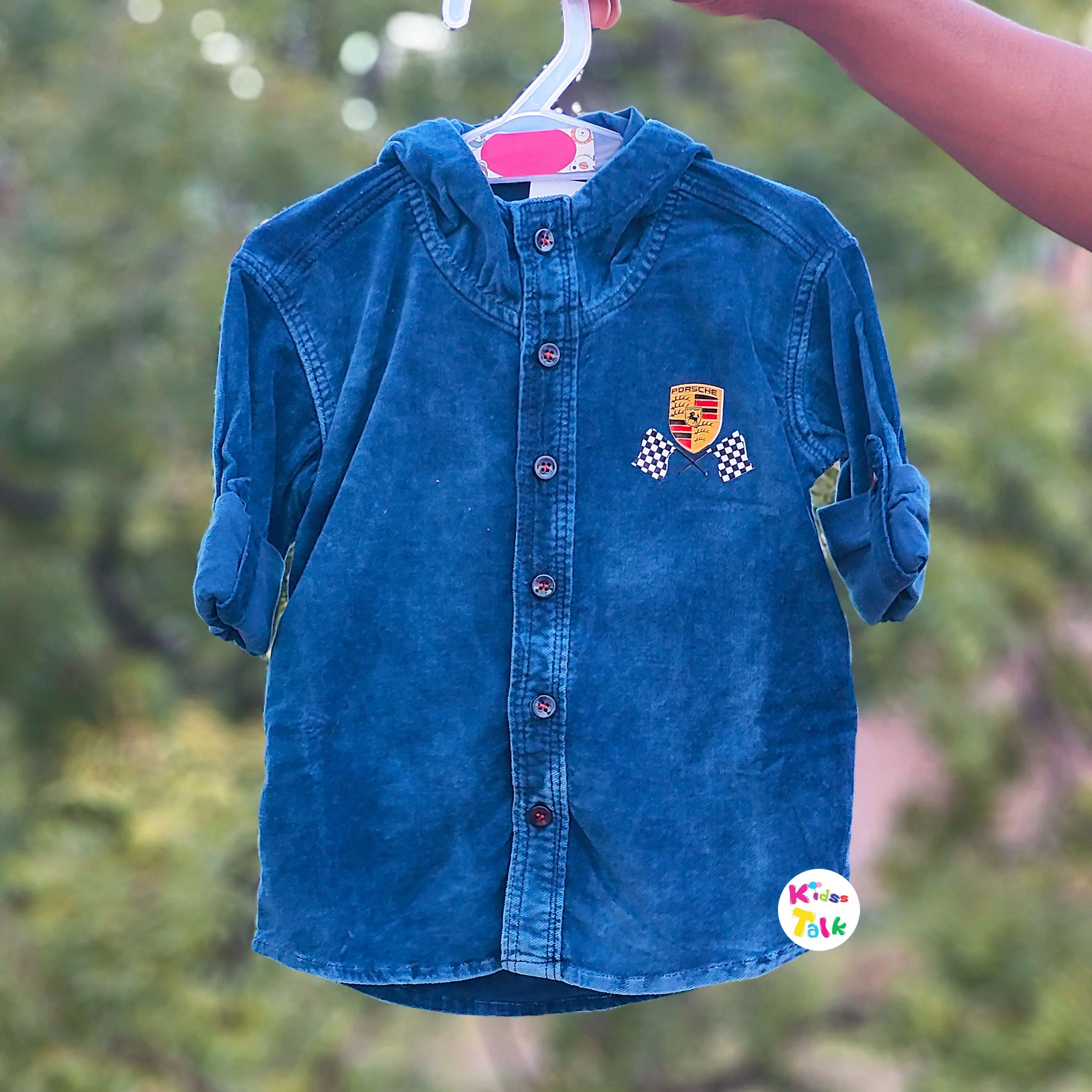 Knitted Denim Full Sleeve Hooded Shirt - Denim Blue