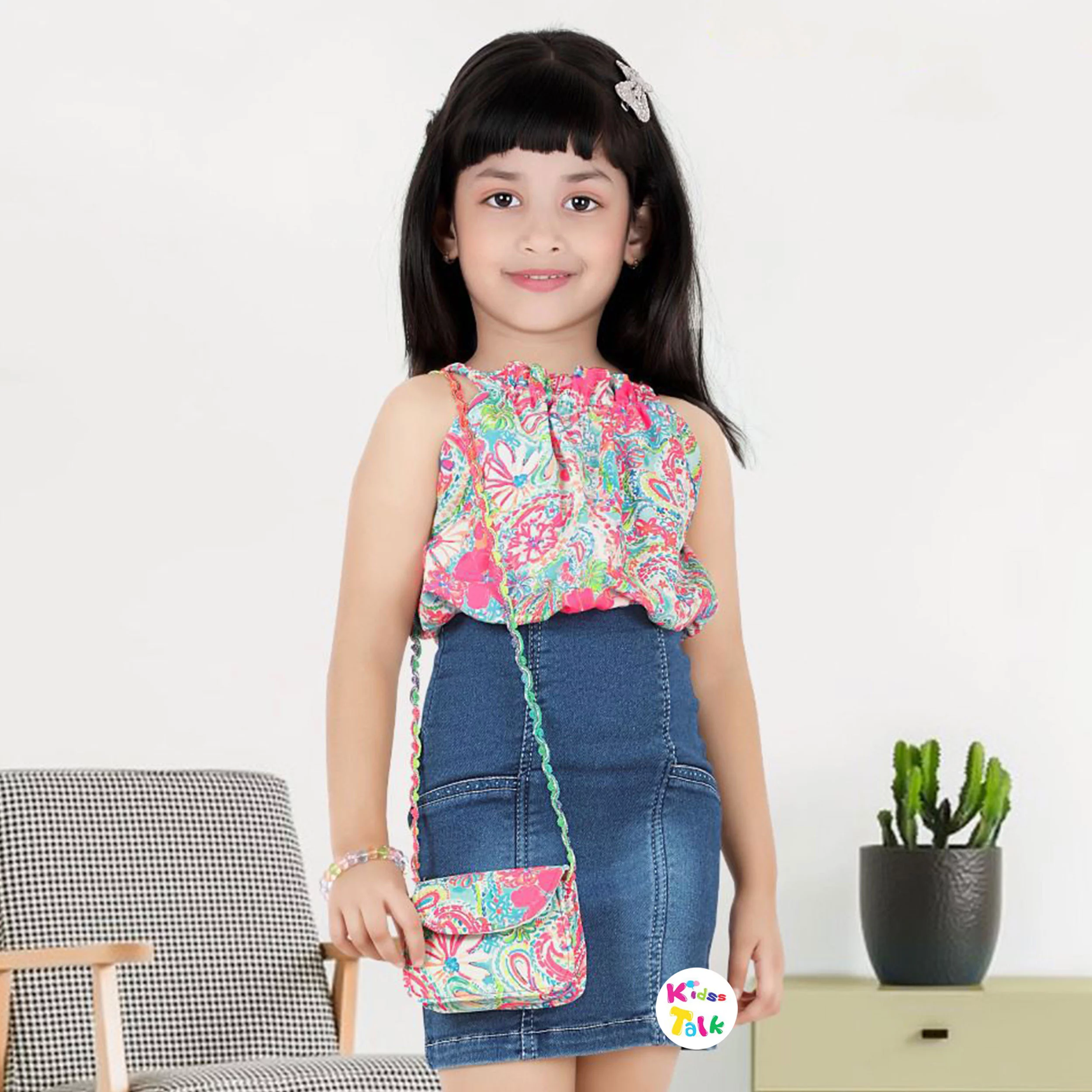 Cute Stretchable Denim Sleeveless Frock With Floral Printed - Pink