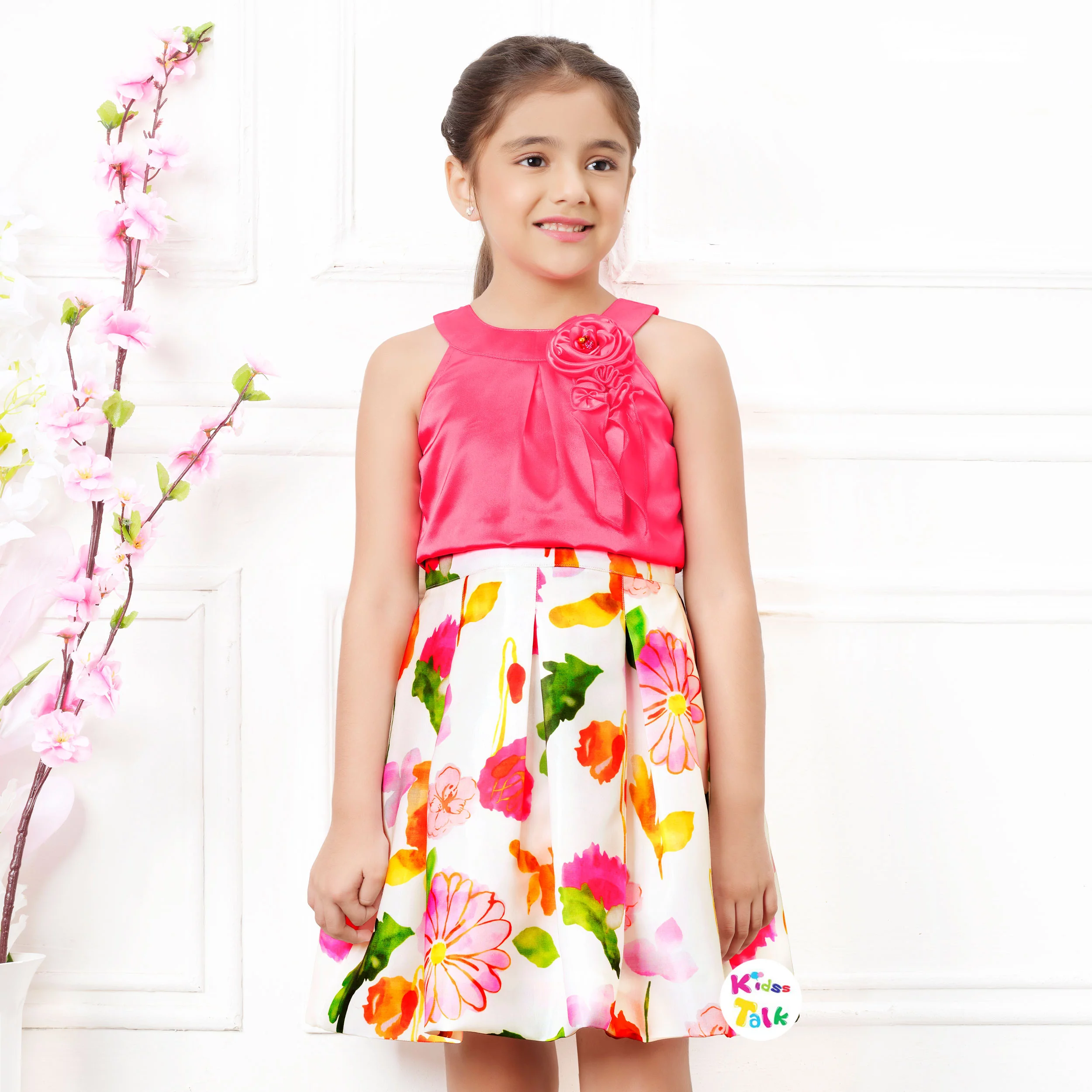 Soft Satin Sleeveless Frock With Floral Printed - Flamingo Pink