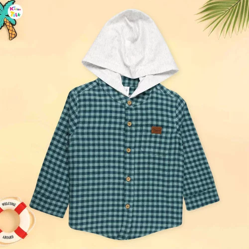 Cotton Checked Full Sleeve Hooded Shirt - Green
