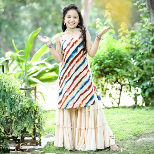 Crepe Tie & Dye Sleeveless Kurta With Sharara - Cream