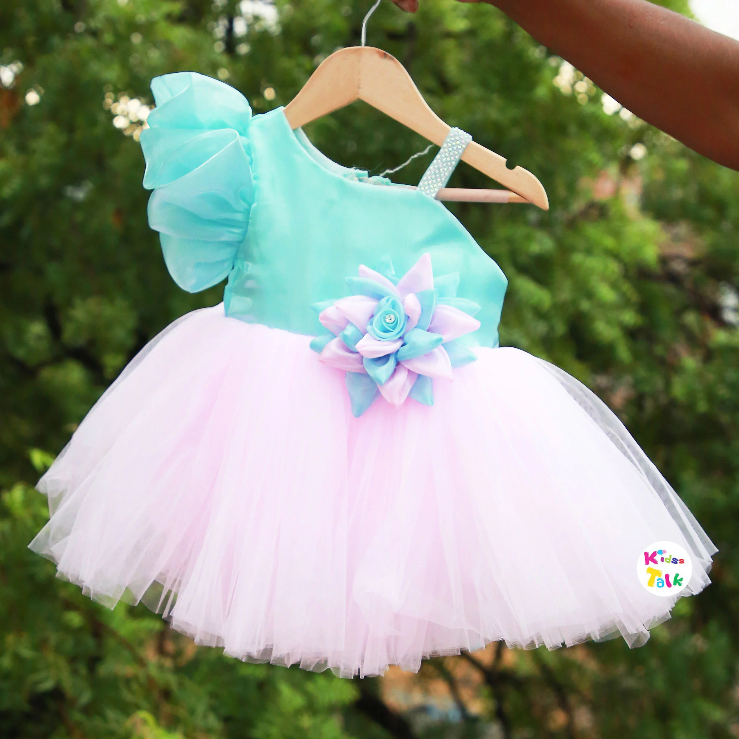 Soft Satin Sleeveless Party Frock With Flower Applique - Ice Blue