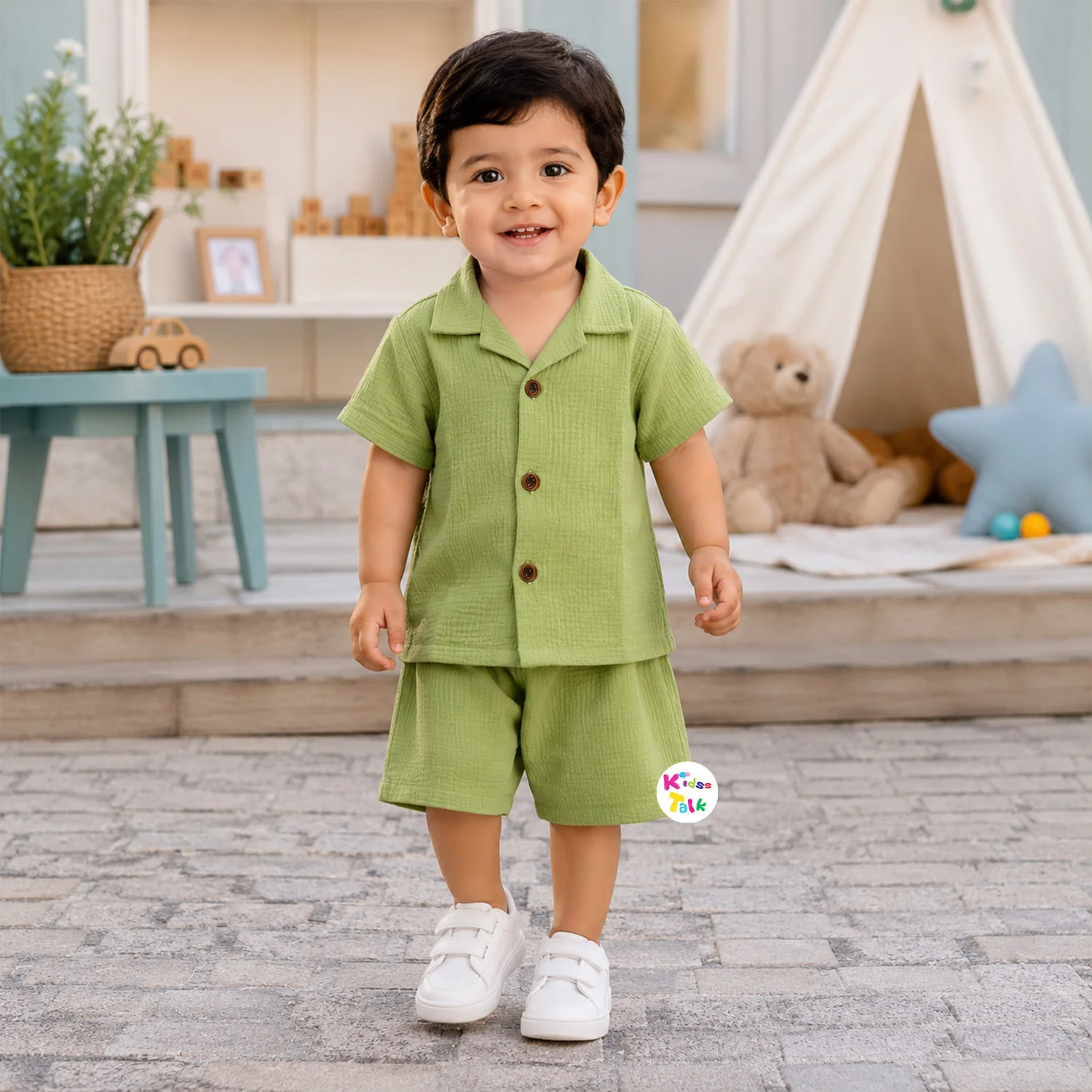 Muslin Half Sleeve Half Pant Set - Green