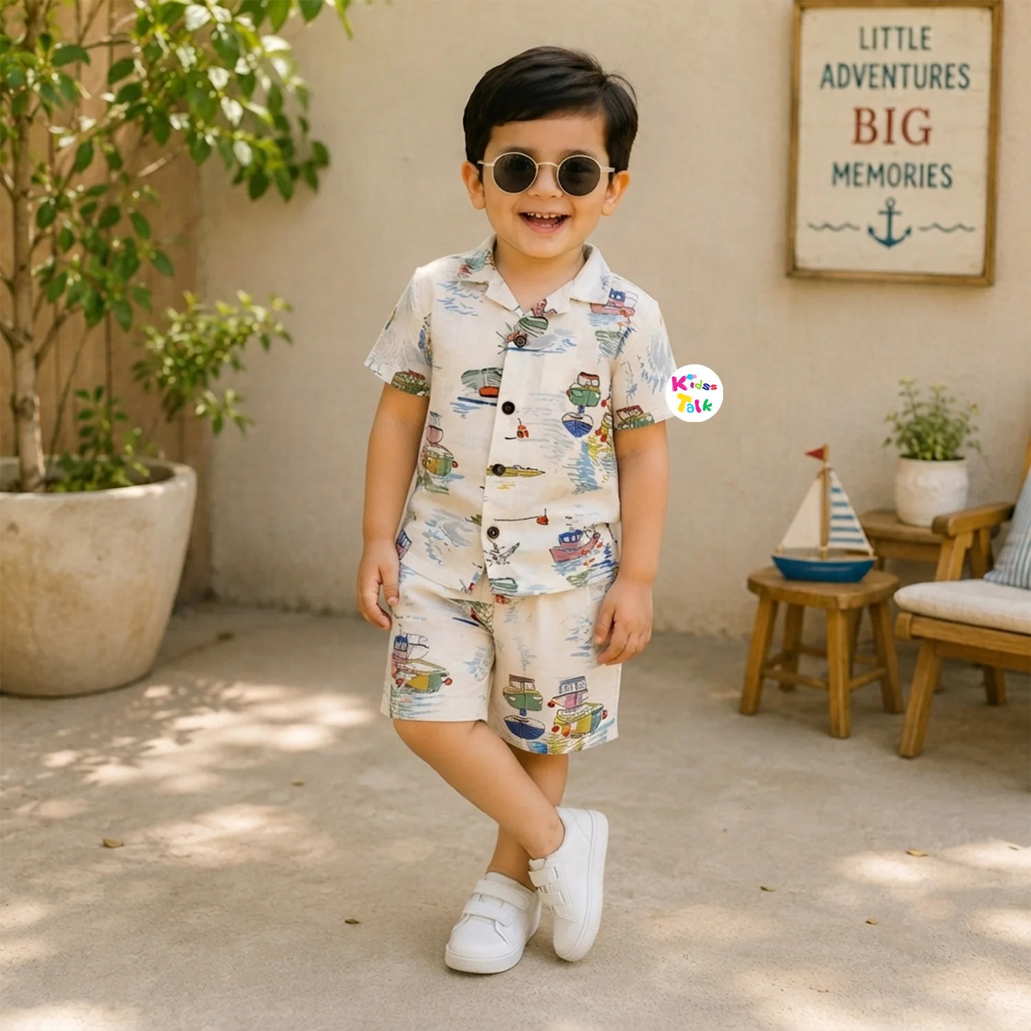 Muslin Half Sleeve Half Pant Set With Cute Vehicle Print - Beige