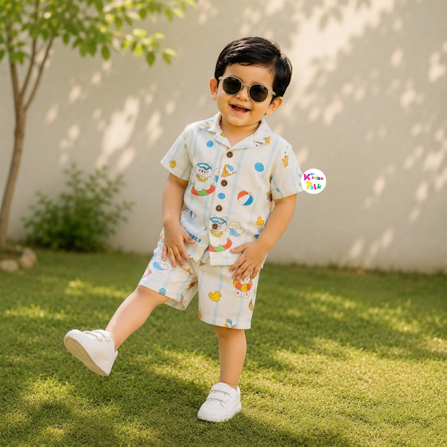Muslin Half Sleeve Half Pant Set With Cute Animal Print - Cream