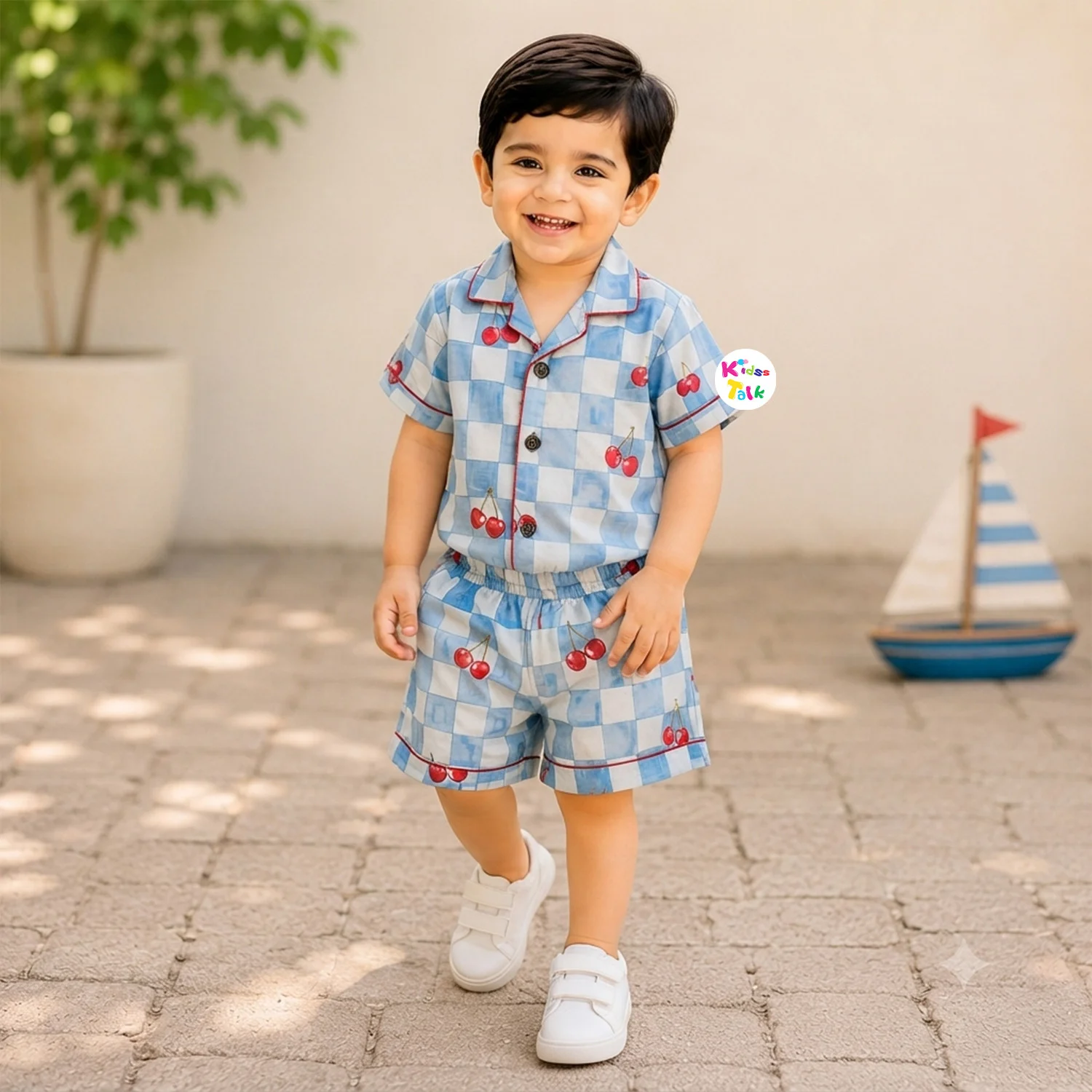 Muslin Half Sleeve Half Pant Set With Cute Fruit Print - Ice Blue