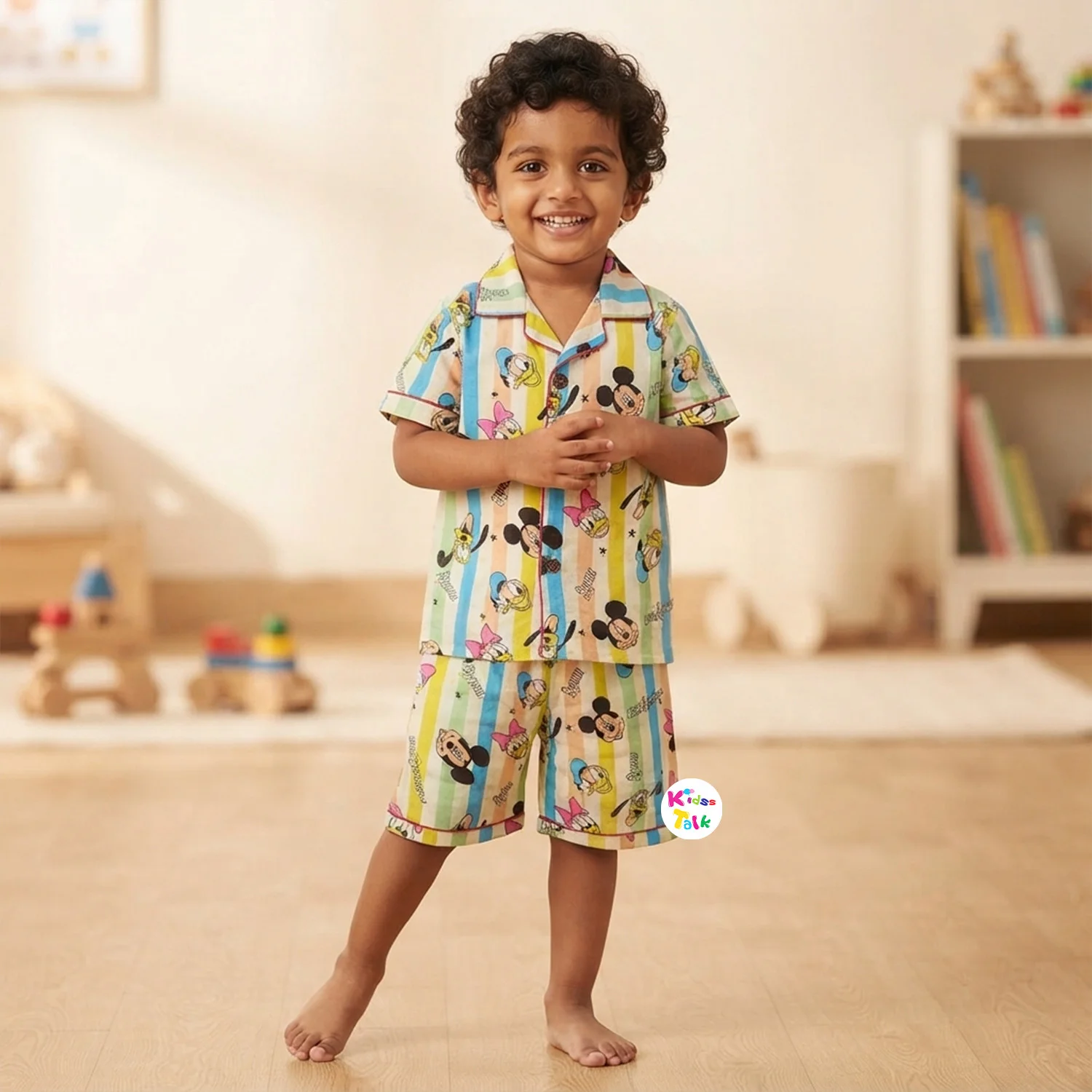 Muslin Half Sleeve Half Pant Set With Cute Character Print - Multicolour