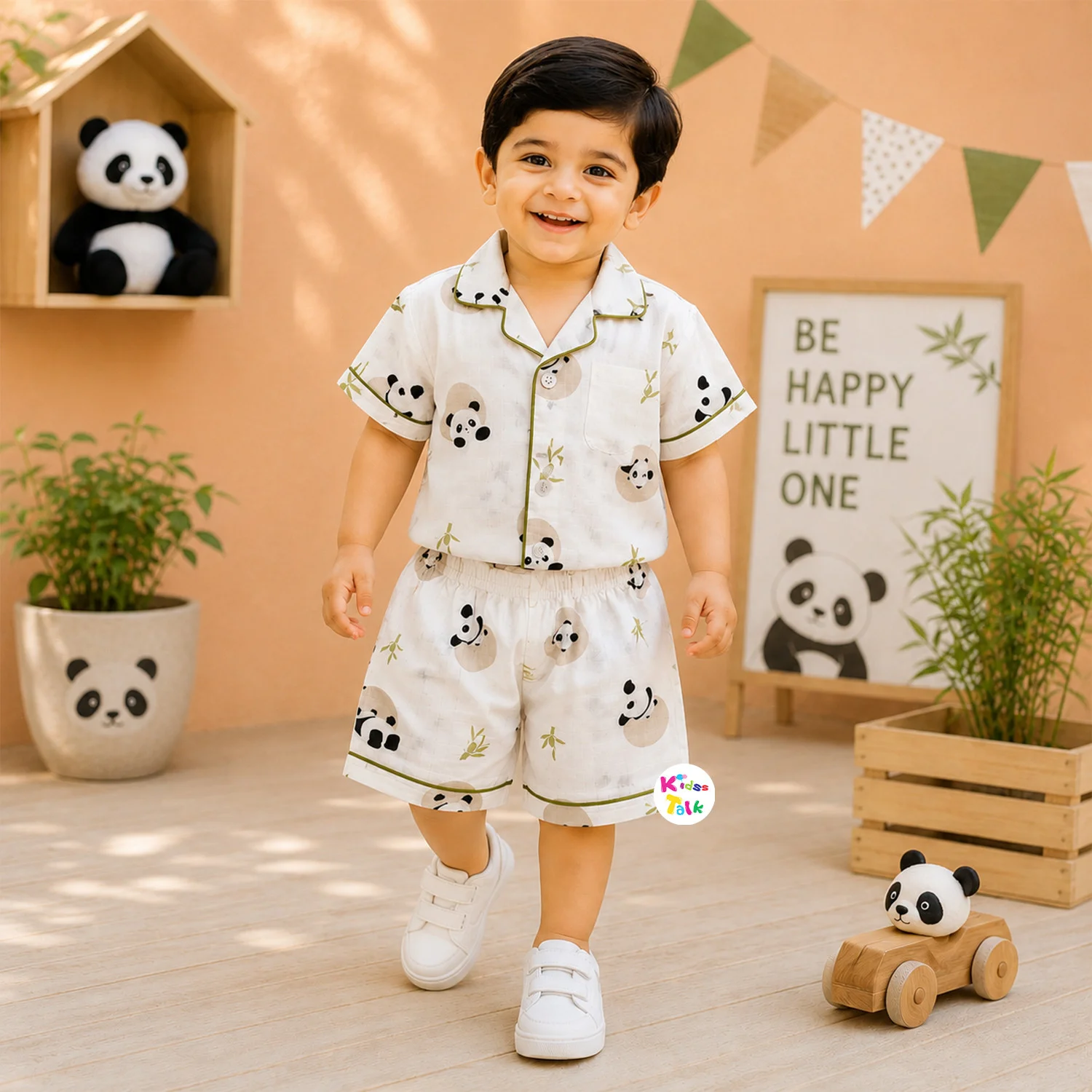 Muslin Half Sleeve Half Pant Set With Cute Animal Print - Cream