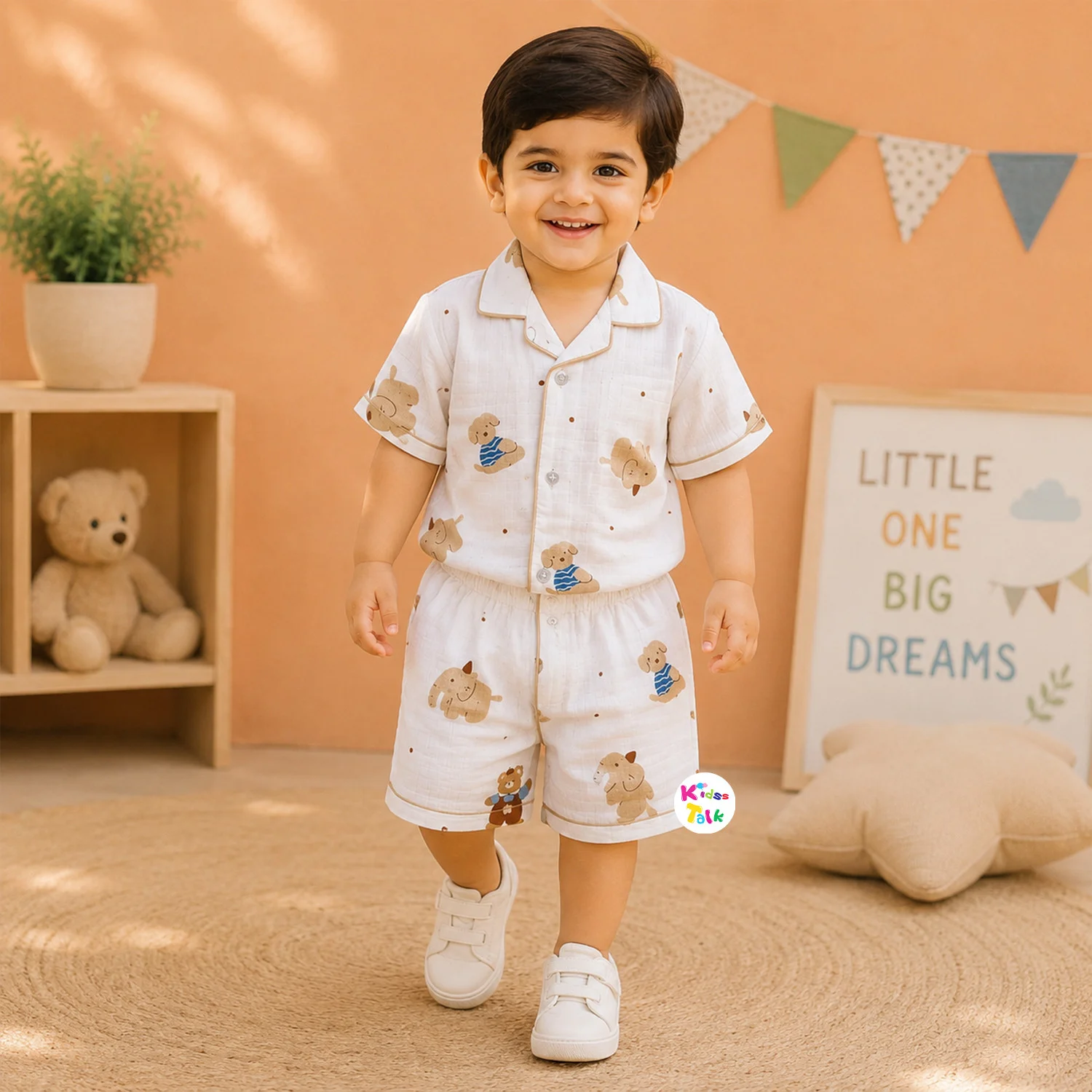 Muslin Half Sleeve Half Pant Set With Cute Animal Print - Cream
