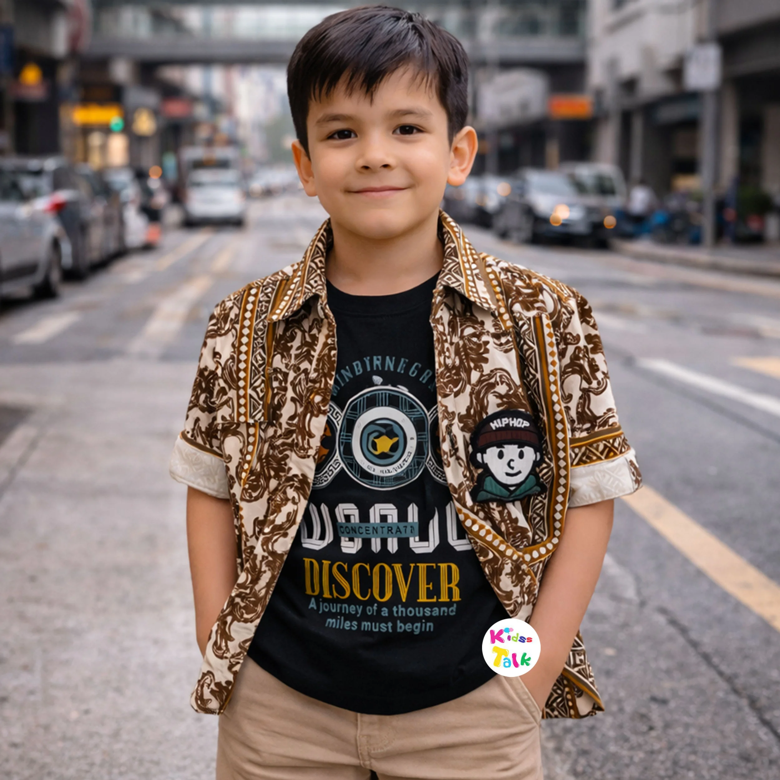 Denim Full Sleeve T-shirt With Printed Jacket - Brown