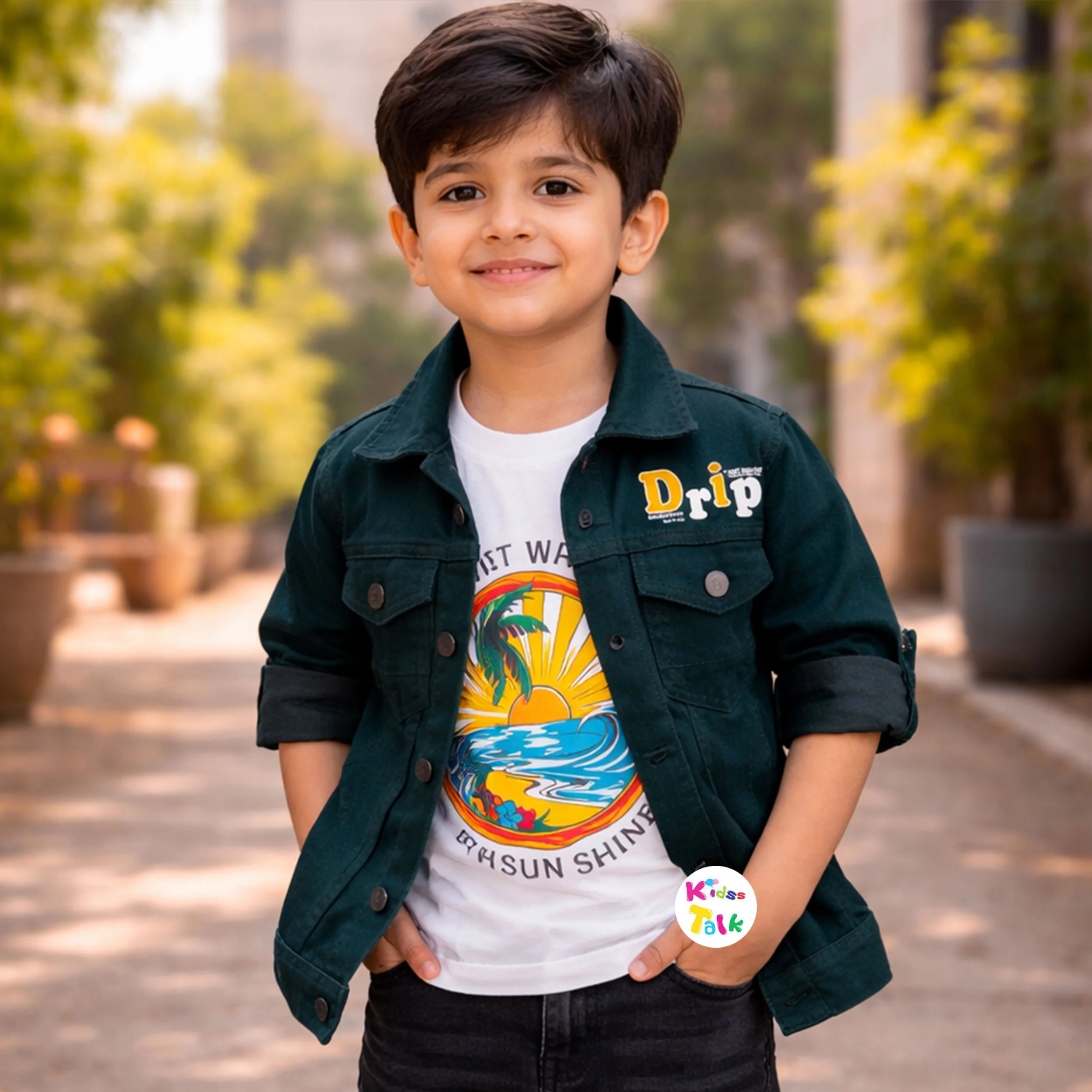 Cotton Full Sleeve Printed T-shirt With Jacket - Green