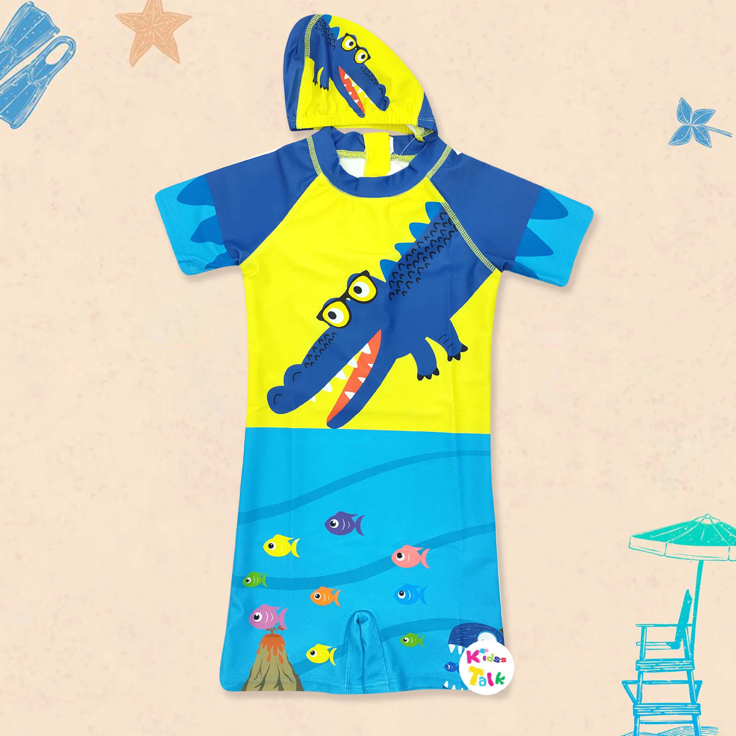 Cute Half Sleeve Swim Suit With Cap - Lemon Yellow