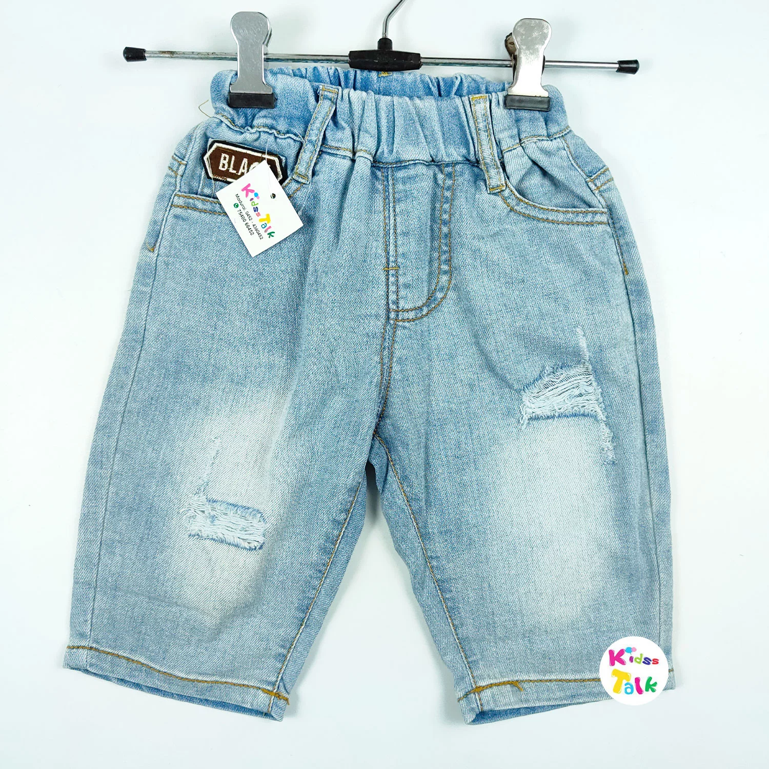 Stretchable Denim 3/4 Pant With Torn Effect -ice Blue