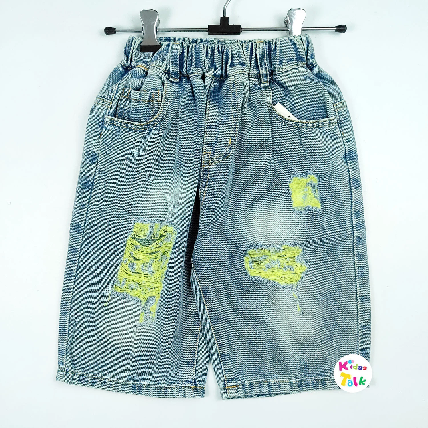 Stretchable Denim 3/4 Pant With Torn Effect -ice Blue