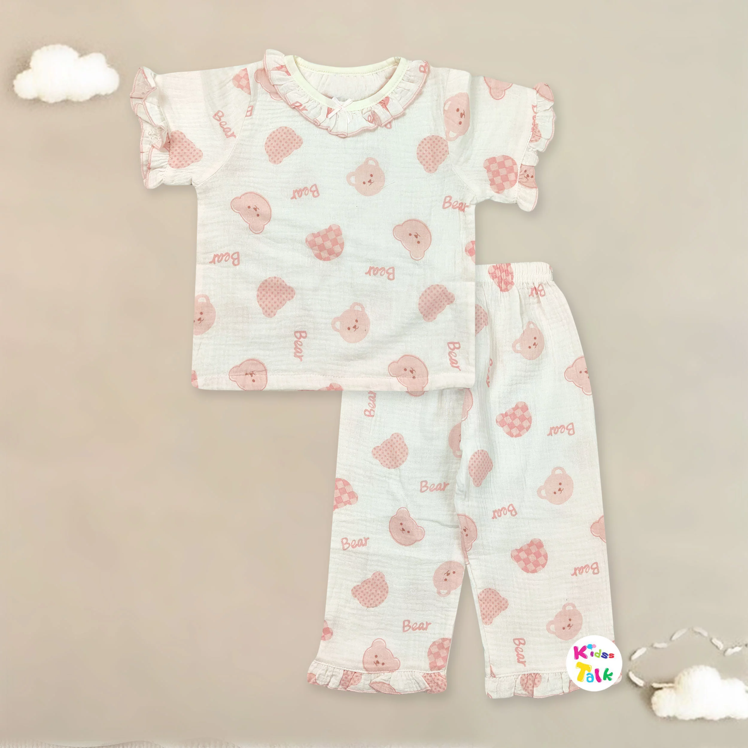 Muslin Half Sleeve Night Suit With Cute Prints - Baby Pink