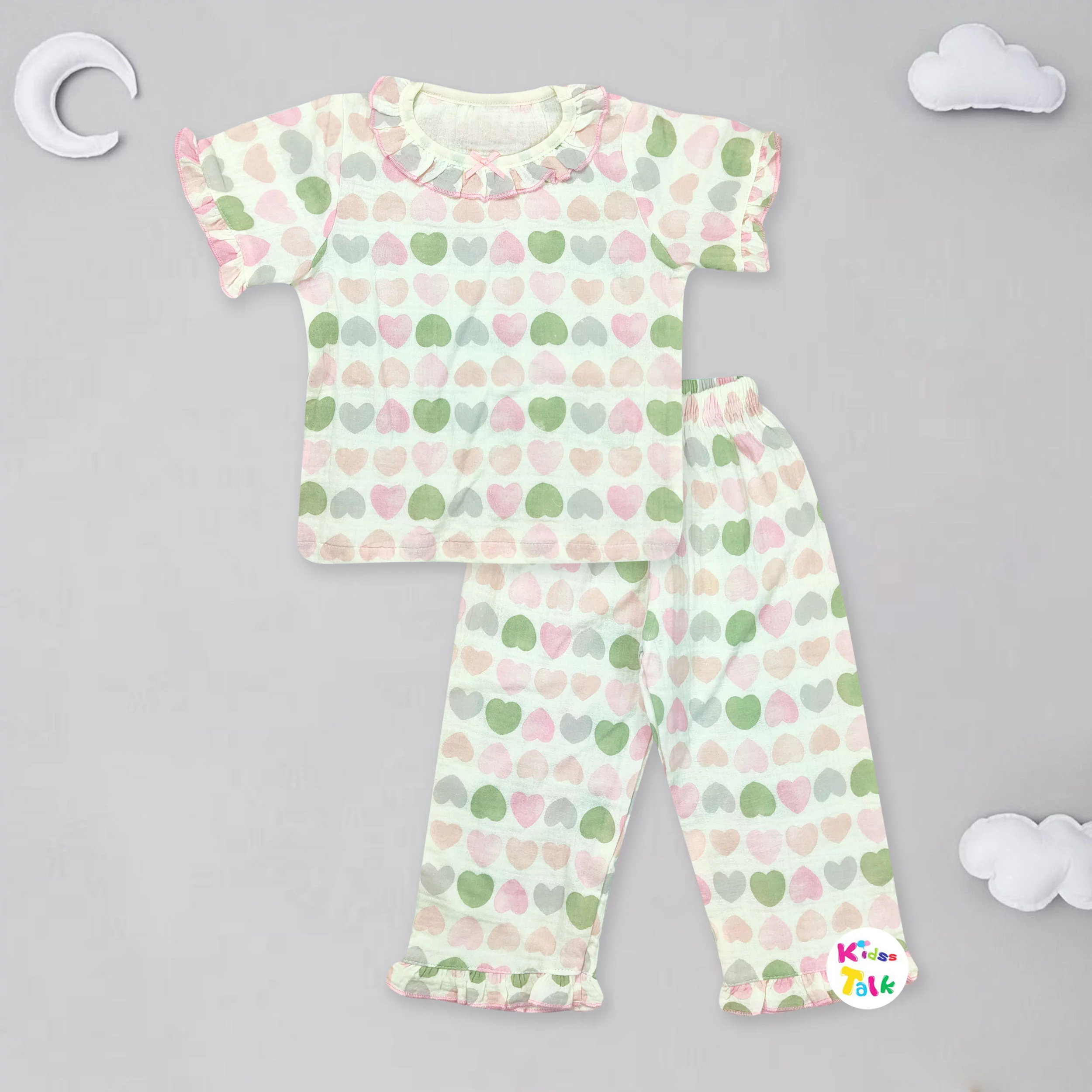 Muslin Half Sleeve Night Suit With Cute Prints - Baby Pink