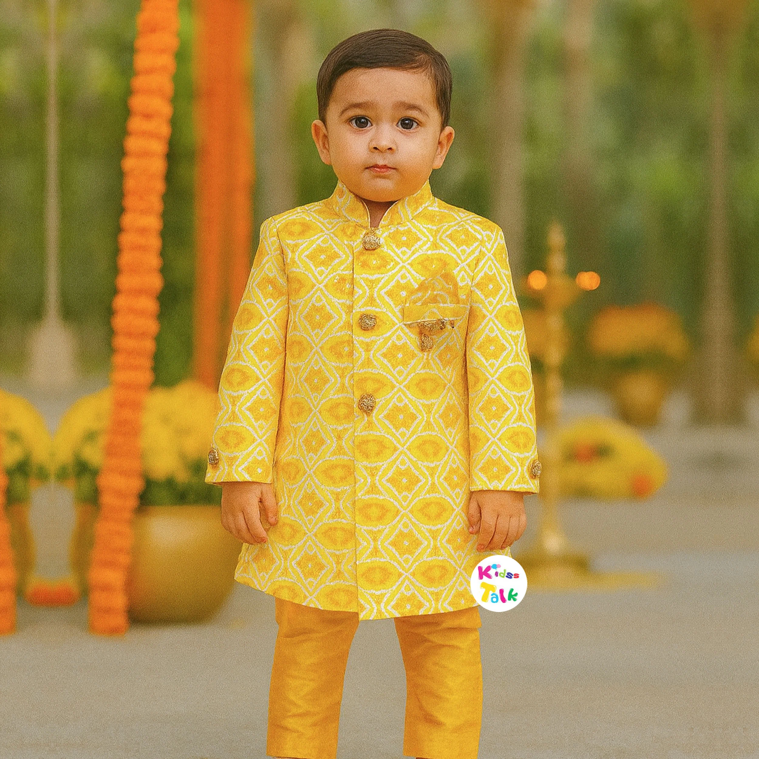 Royal Full Sleeve Sherwani Set With Broach - Lemon Yellow