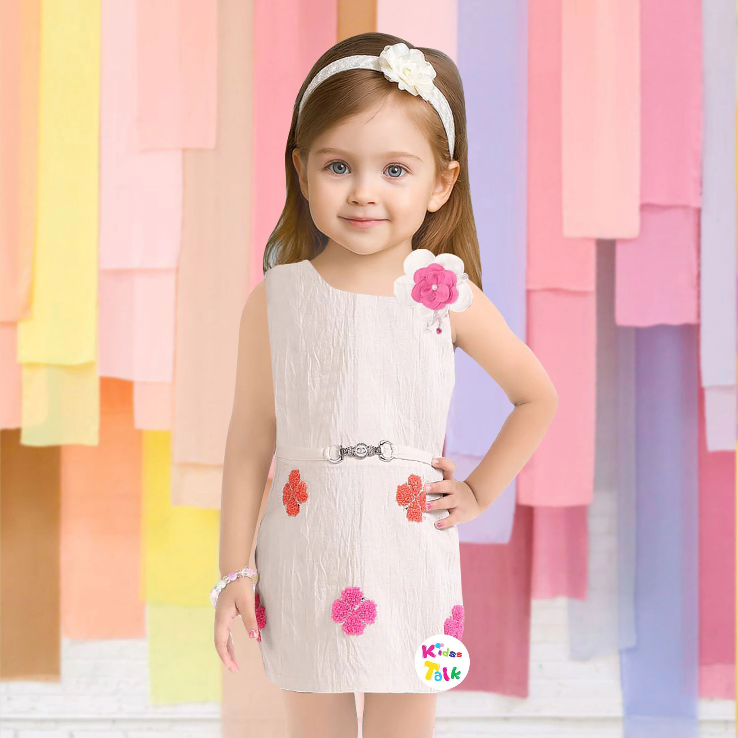 Cute Cotton Sleeveless Frock With Embroidered - White