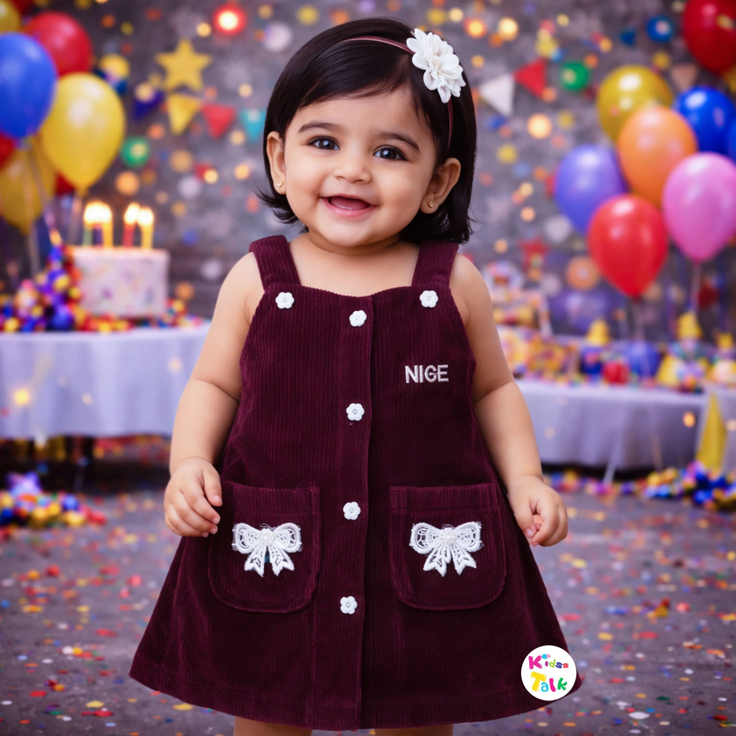 Corduroy Sleeveless Frock With Bow Applique - Maroon