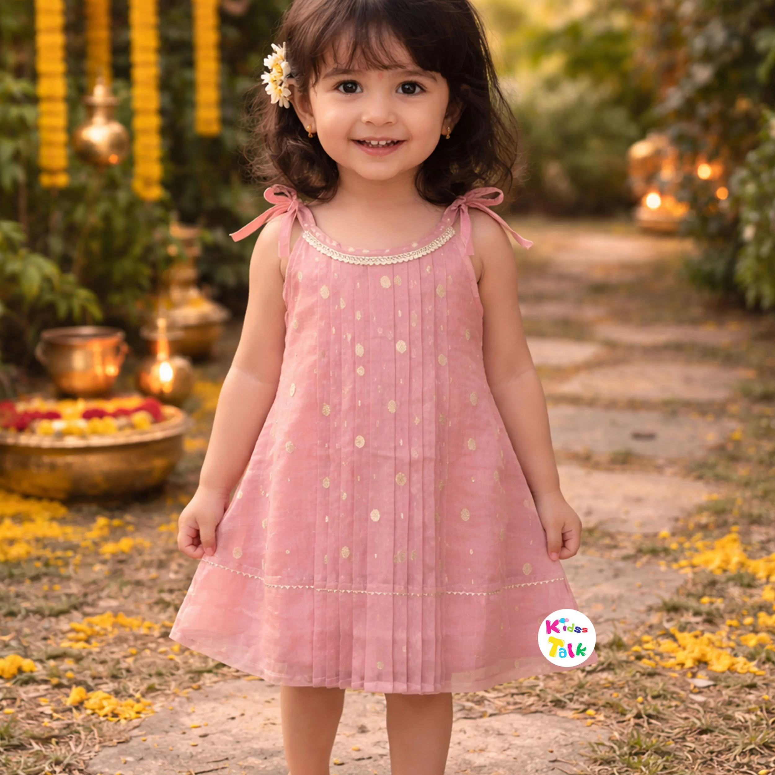 Cotton Silk Sleeveless Frock With Zardhosi Work - Baby Pink
