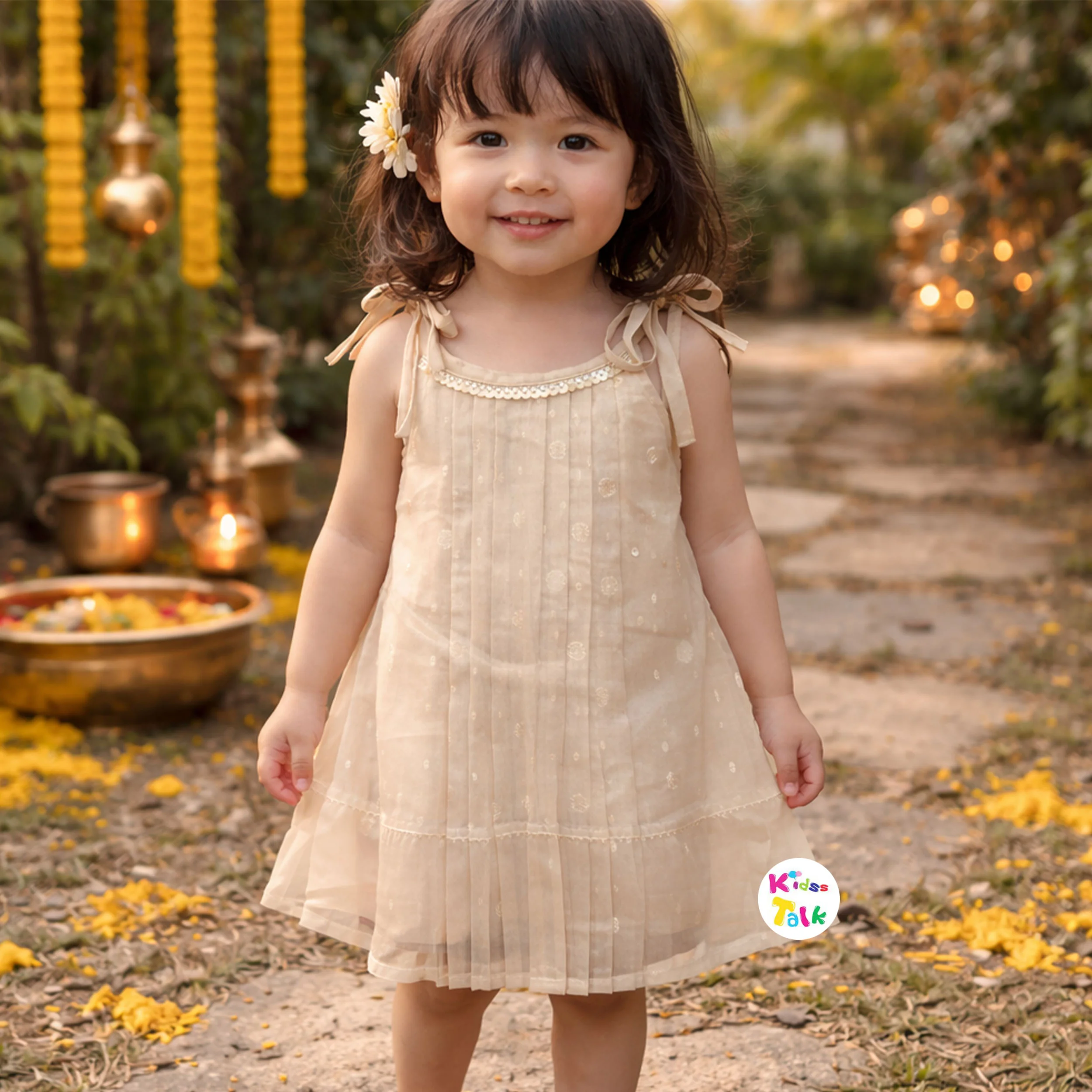 Cotton Silk Sleeveless Frock With Zardhosi Work - Beige