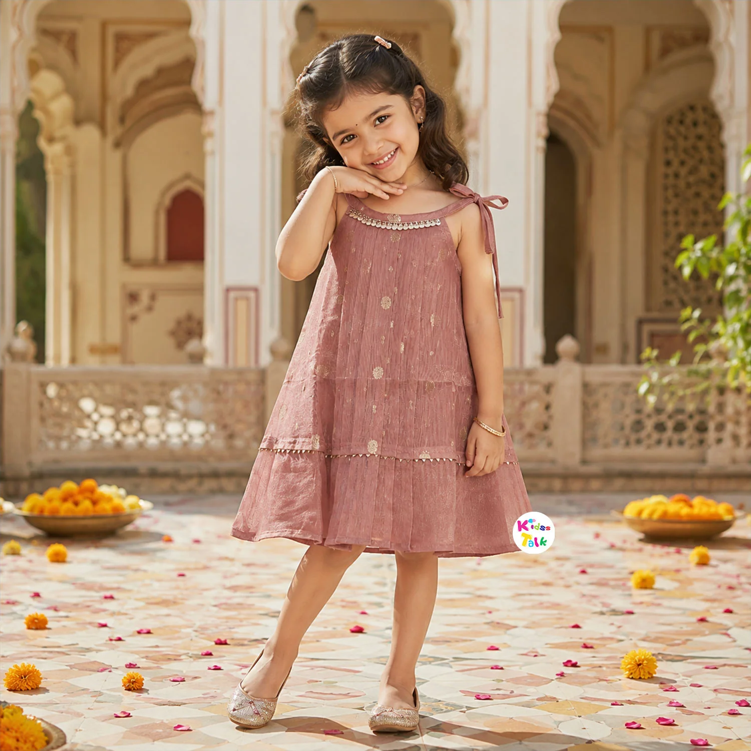 Cotton Silk Sleeveless Frock With Zardhosi Work - Pink