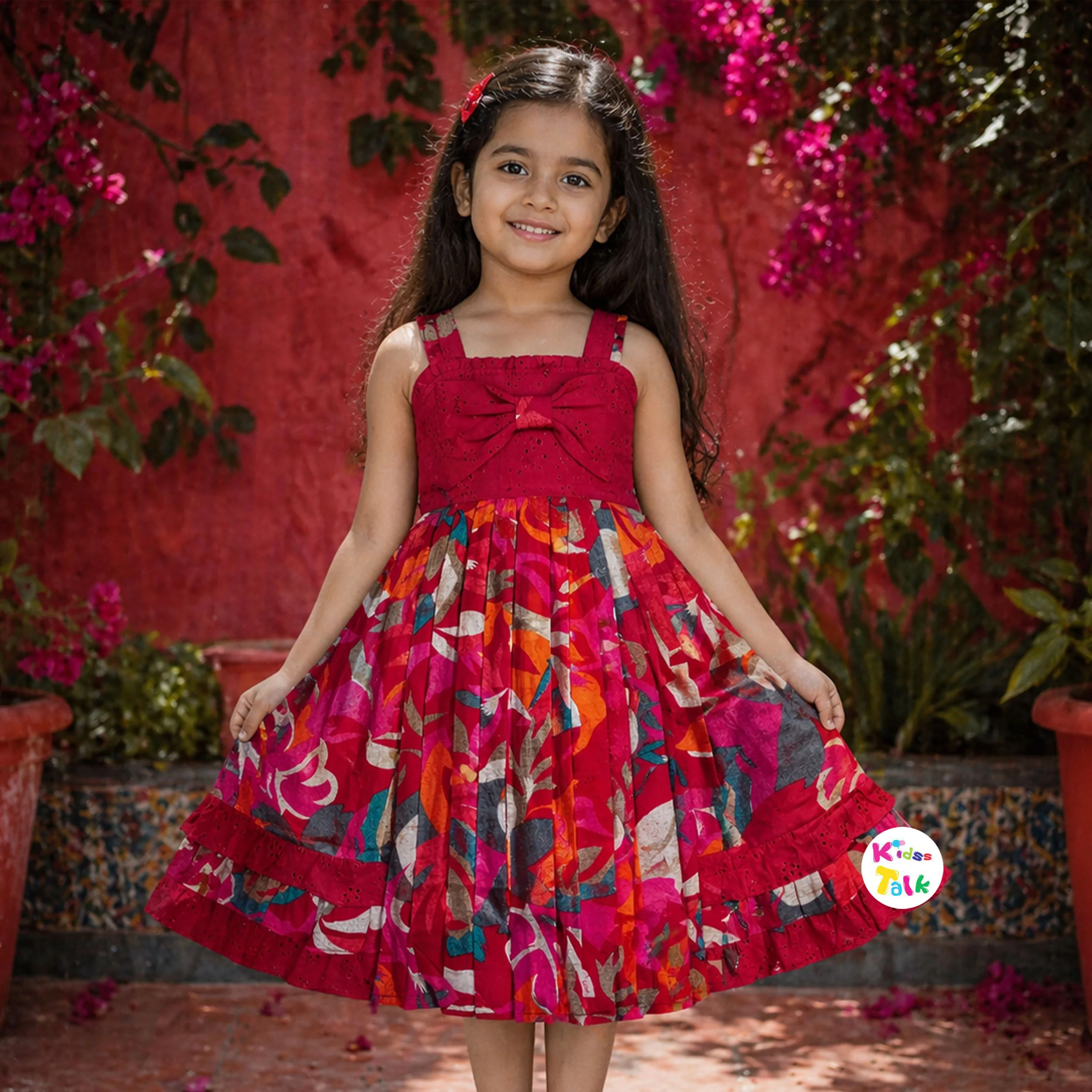 Cotton Sleeveless Frock With Cute Floral Printed - Hot Pink