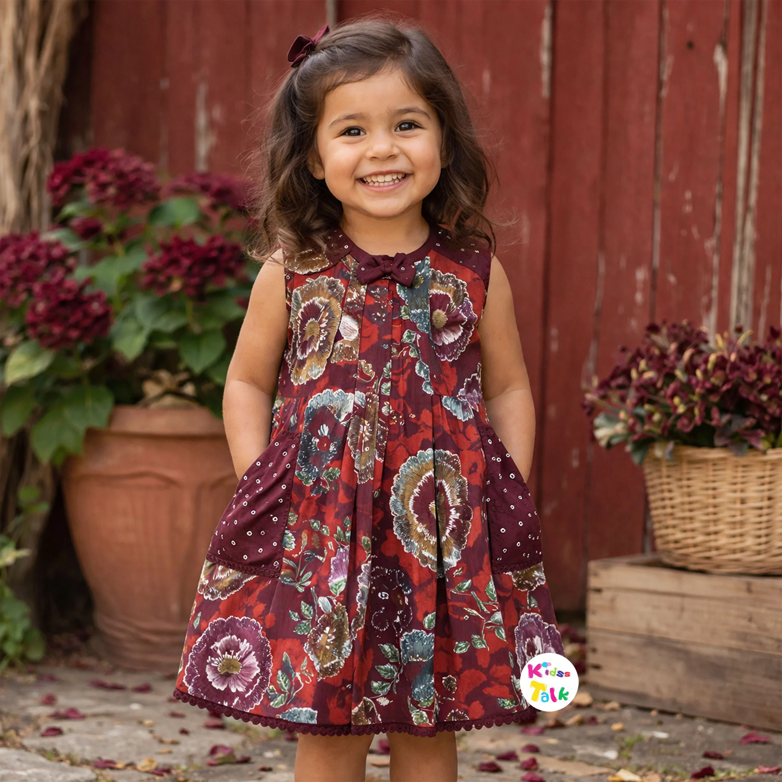 Cotton Sleeveless Printed Frock With Bow - Maroon