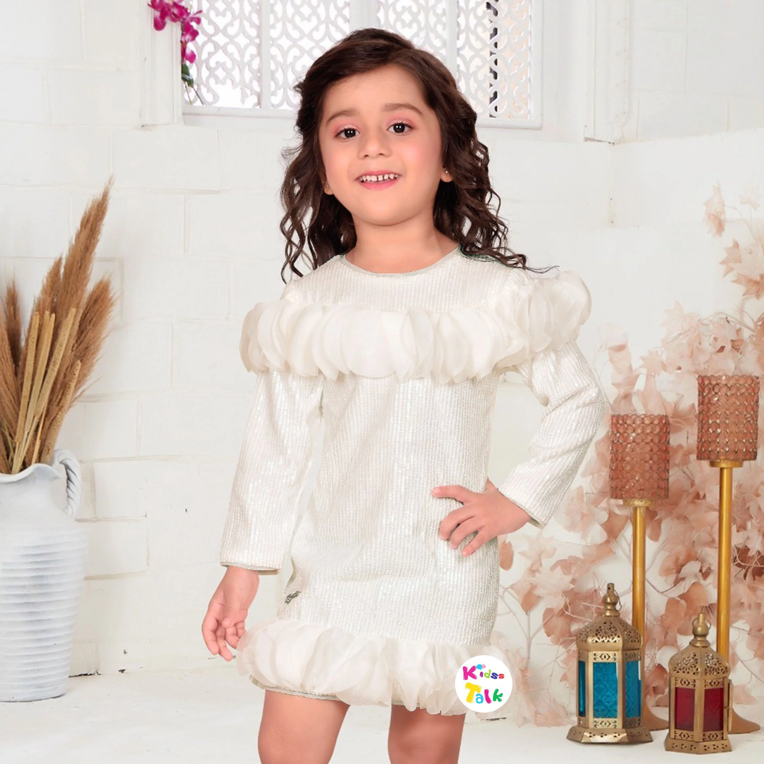 Sequins Full Sleeve Party Frock With Fabric Applique - White