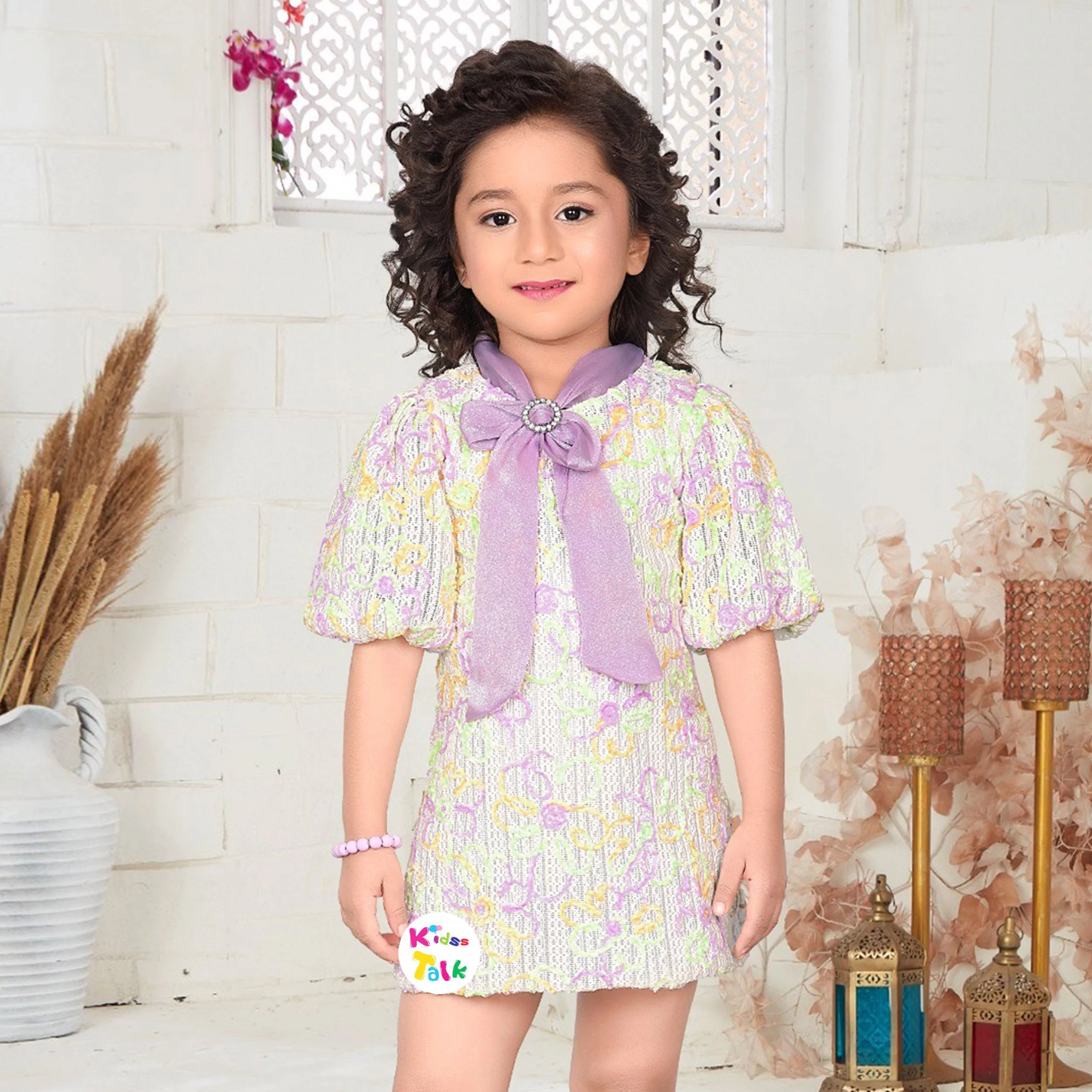 Cotton Knitted Half Sleeve Frock With Broach- Lavender