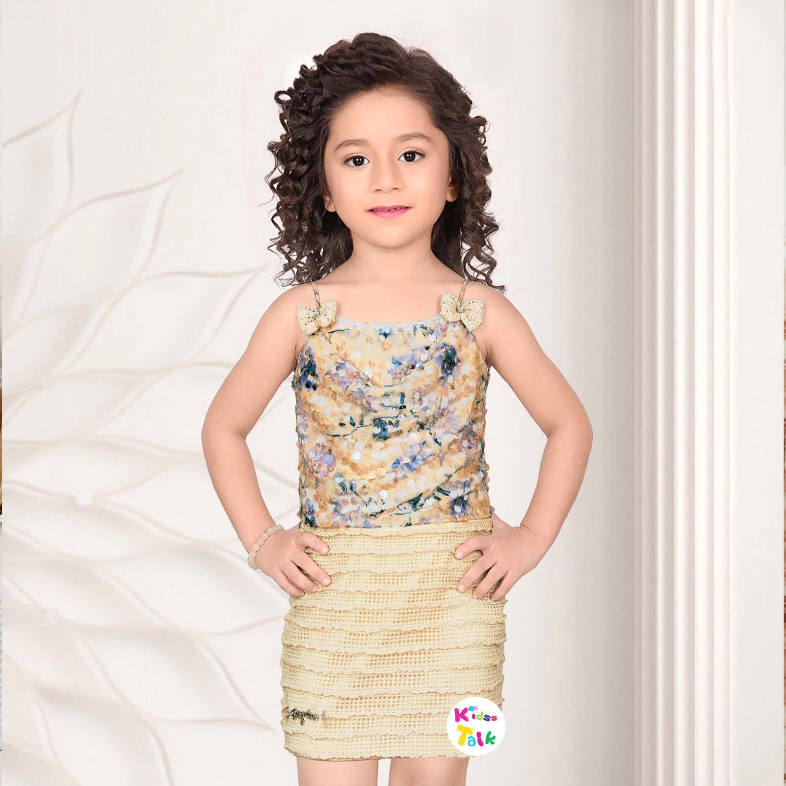 Cotton Knitted Sleeveless Frock With Sequins- Cream