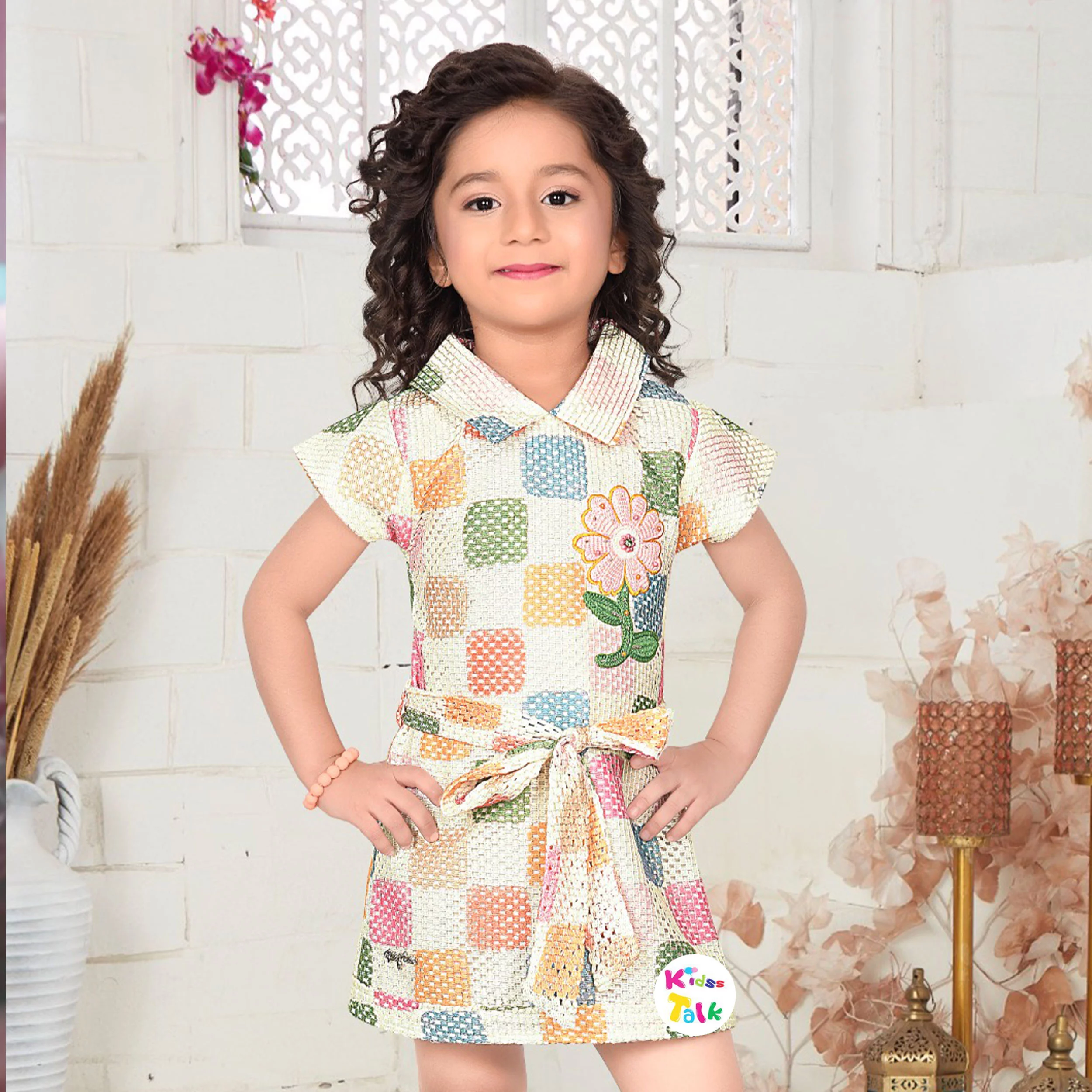 Cotton Knitted Half Sleeve Frock With Patch Work -multicolour