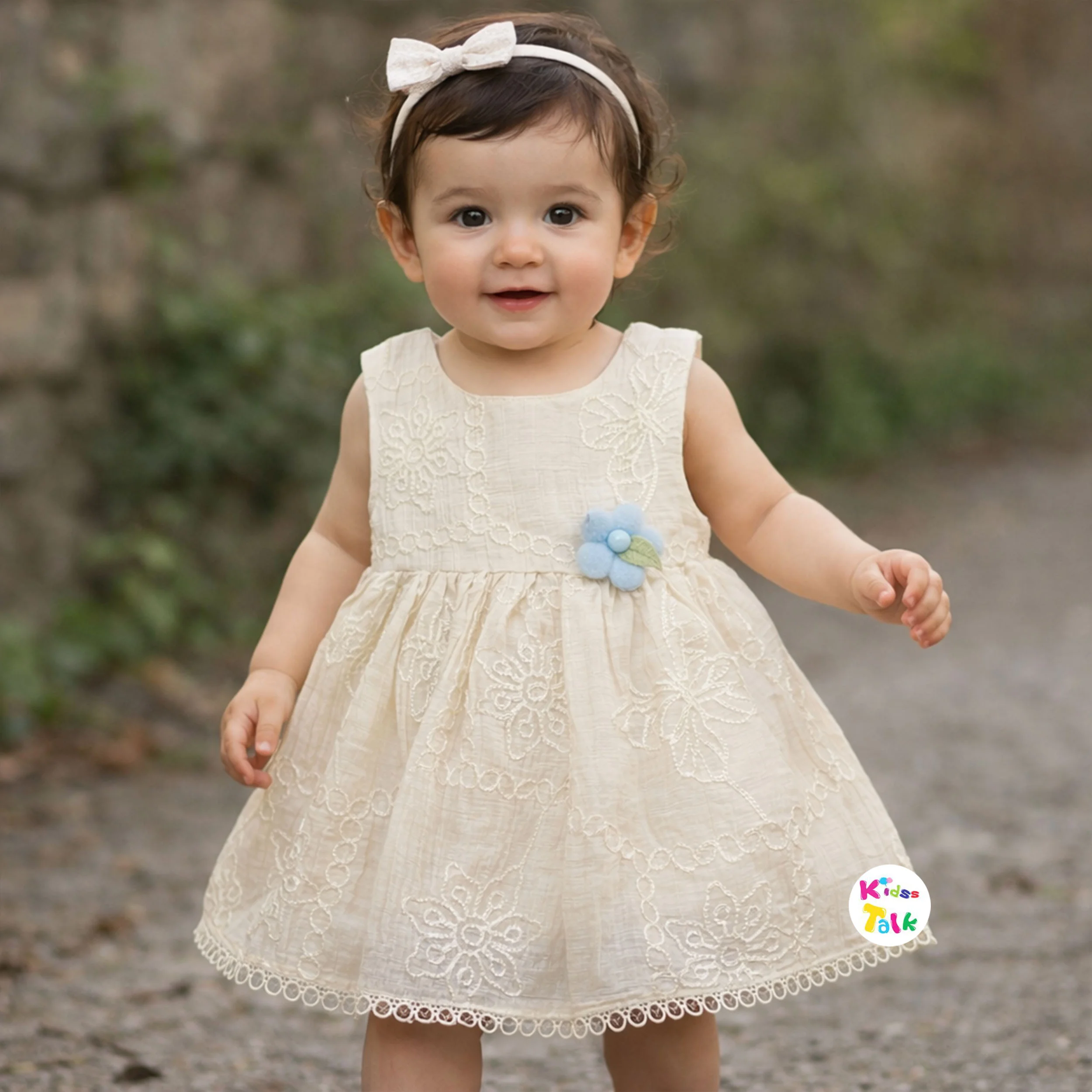 Cotton Sleeveless Frock With Embroidered - Cream