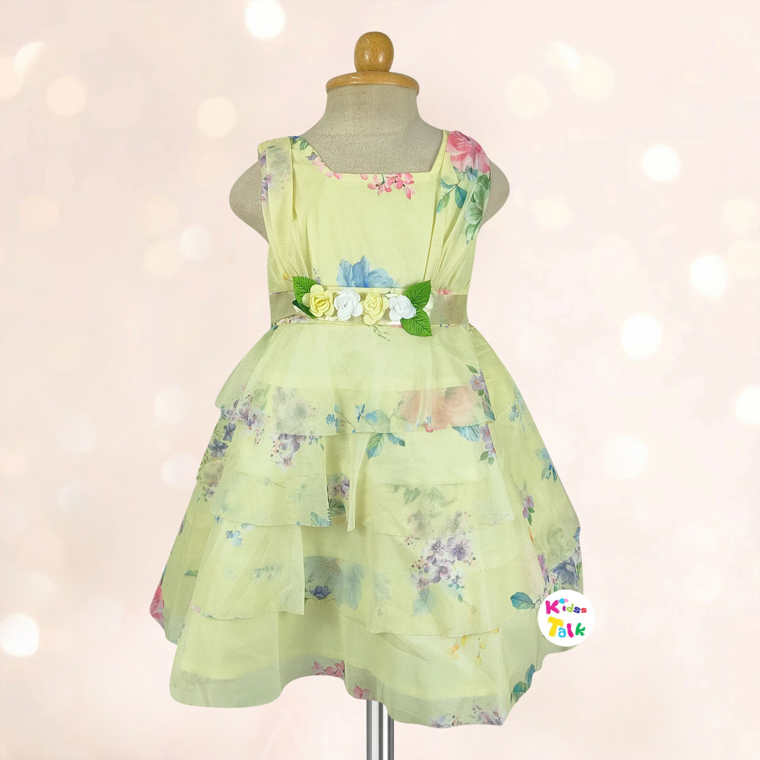 Net Sleeveless Party Frock With Denim Shrug - Lemon Yellow