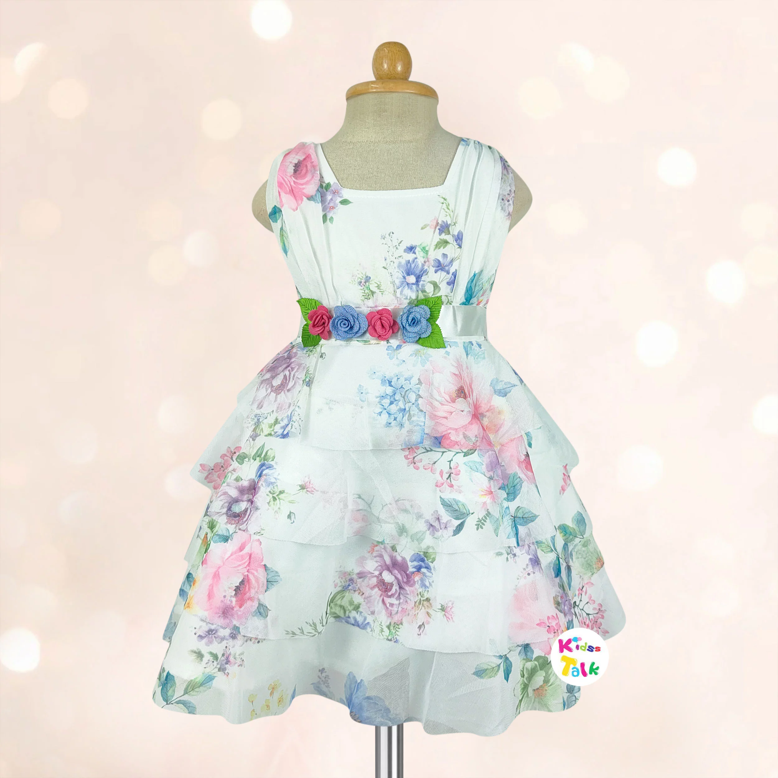 Net Sleeveless Party Frock With Denim Shrug - White