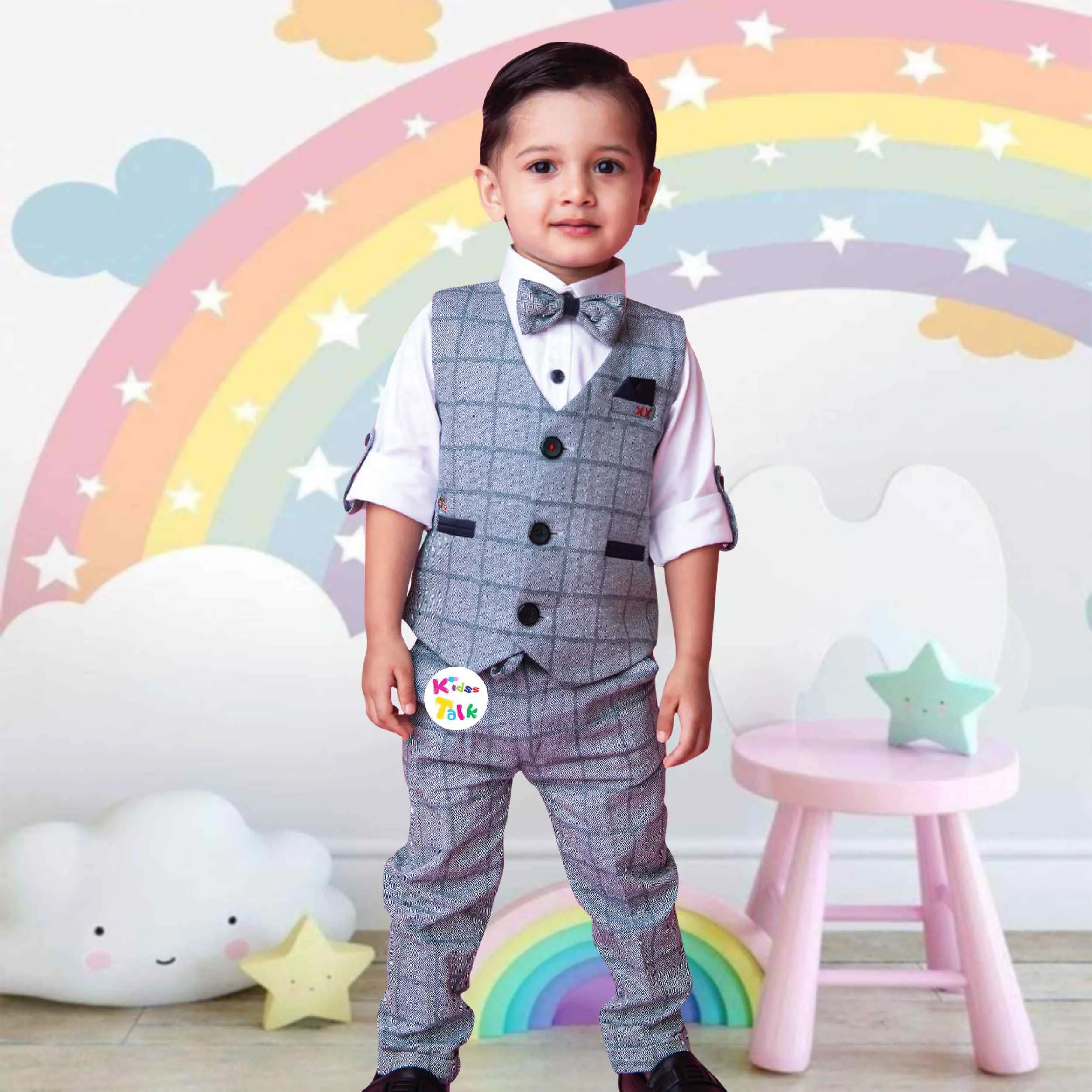 Cotton Full Sleeve Bow Shirt With Printed Jacket & Full Pant - Blue