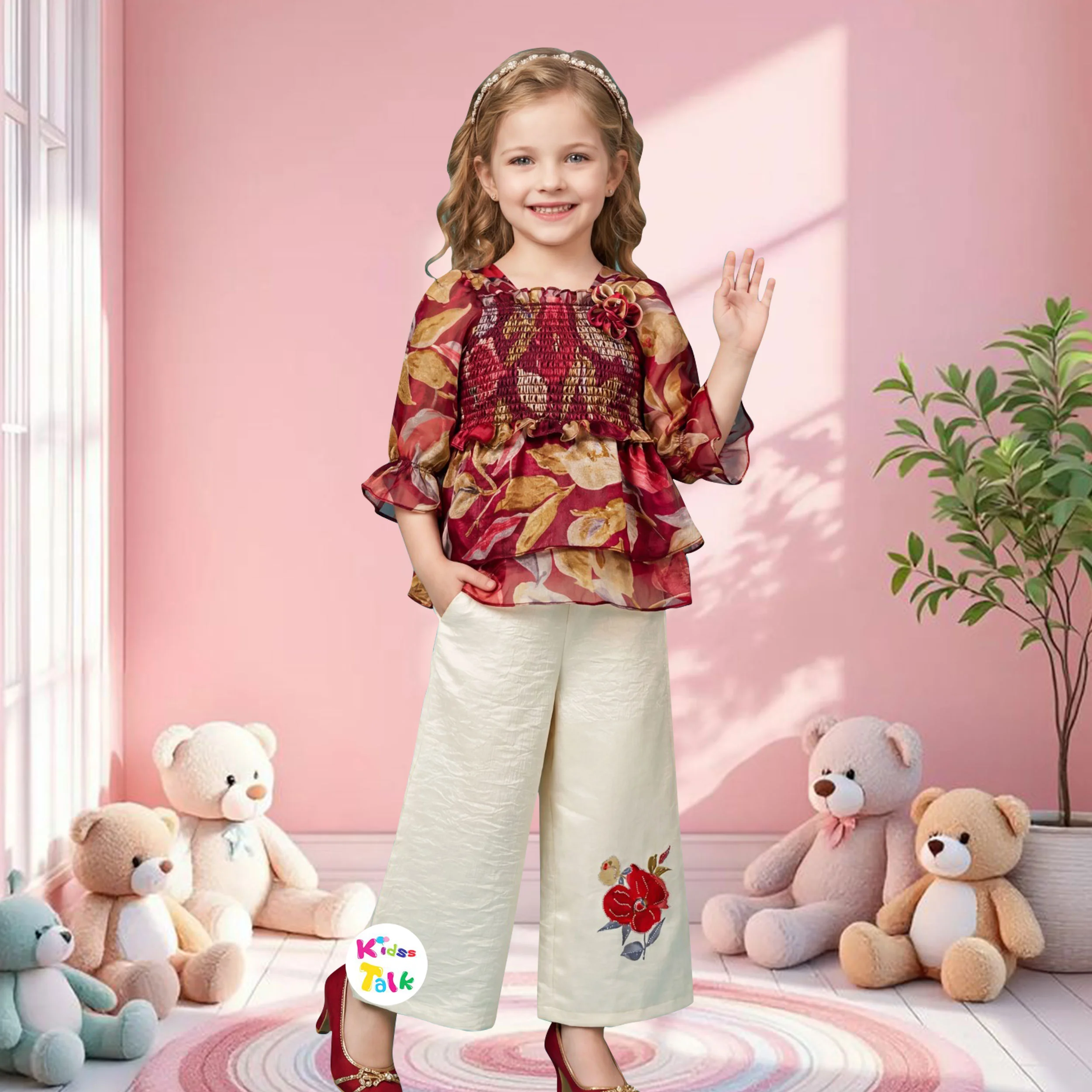 Satin Full Sleeve Printed Top & Full Pant - Maroon