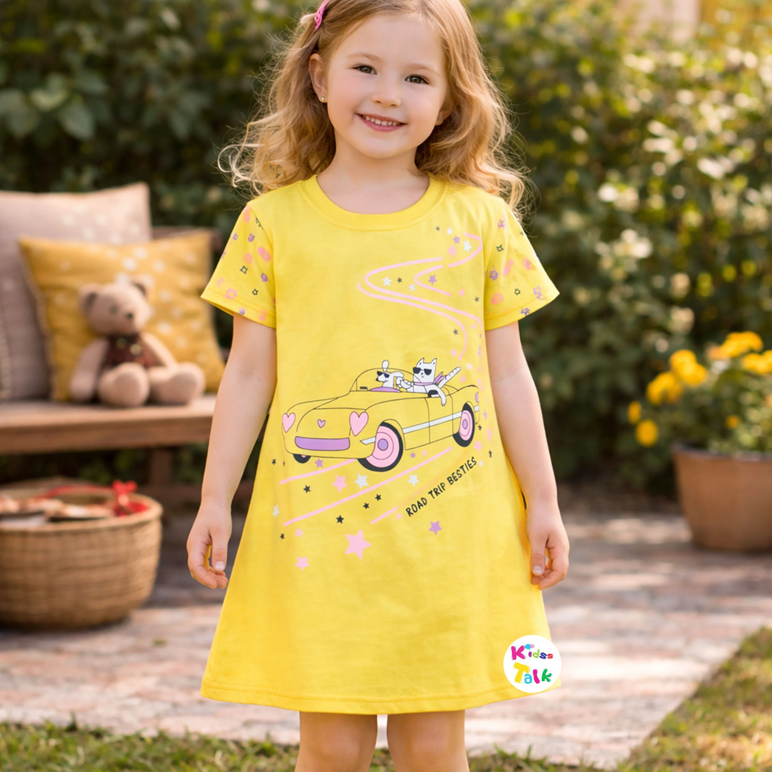 Cotton Knitted Half Sleeve Nighty With Cute Print - Lemon Yellow