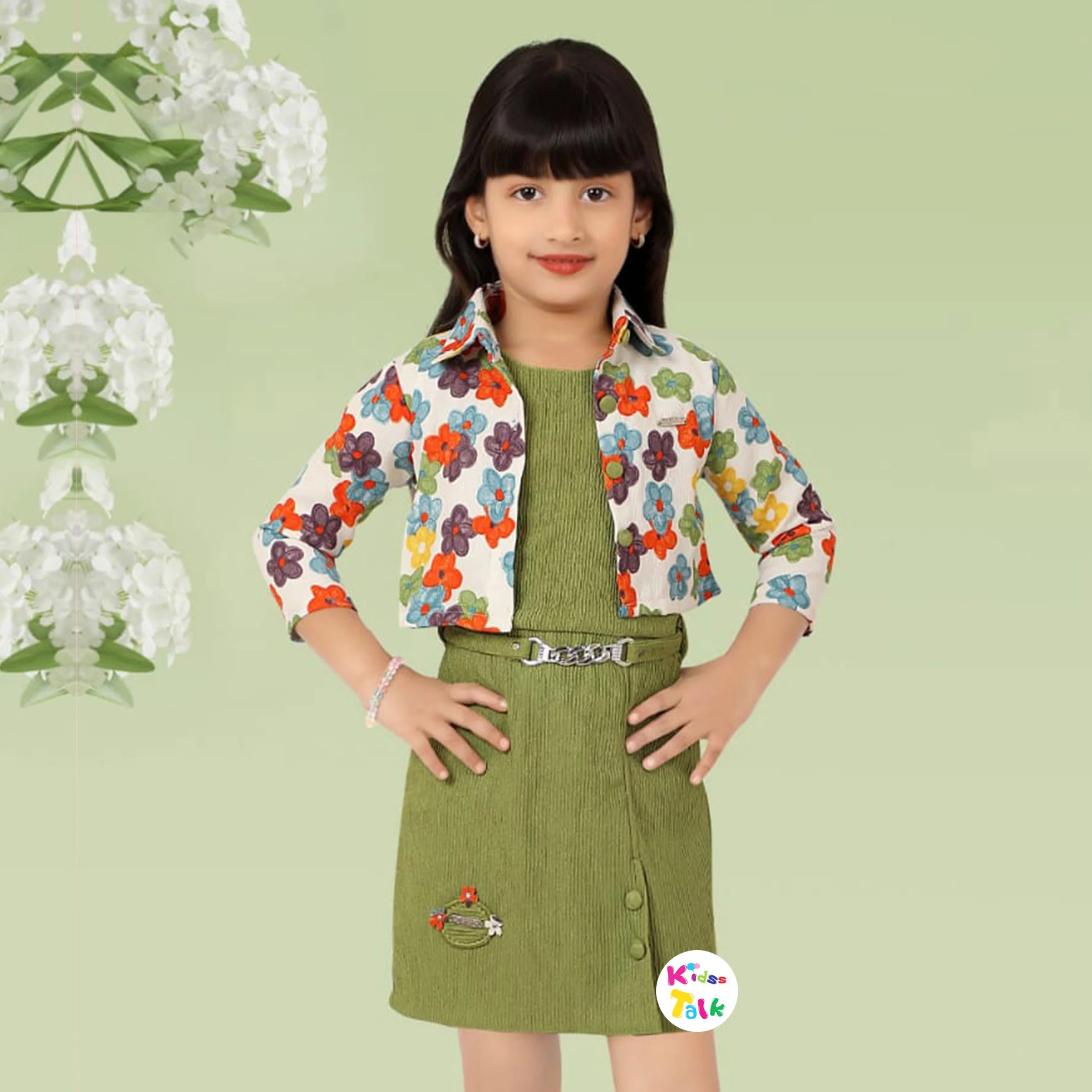 Cute Sleeveless Frock With Floral Printed Shrug - Olive Green