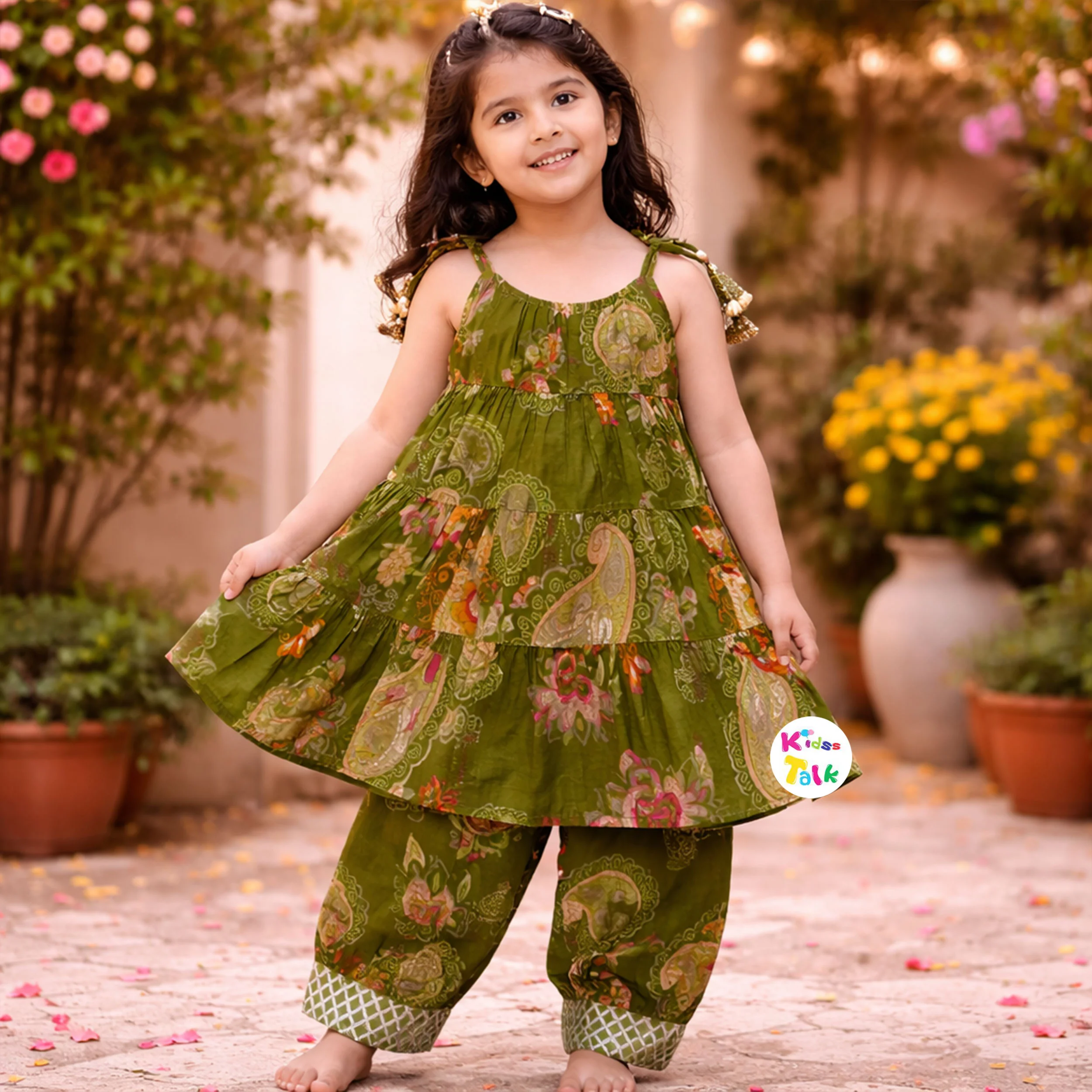 Cotton Sleeveless Printed Kurta With Salwar & Dupatta - Olive Green