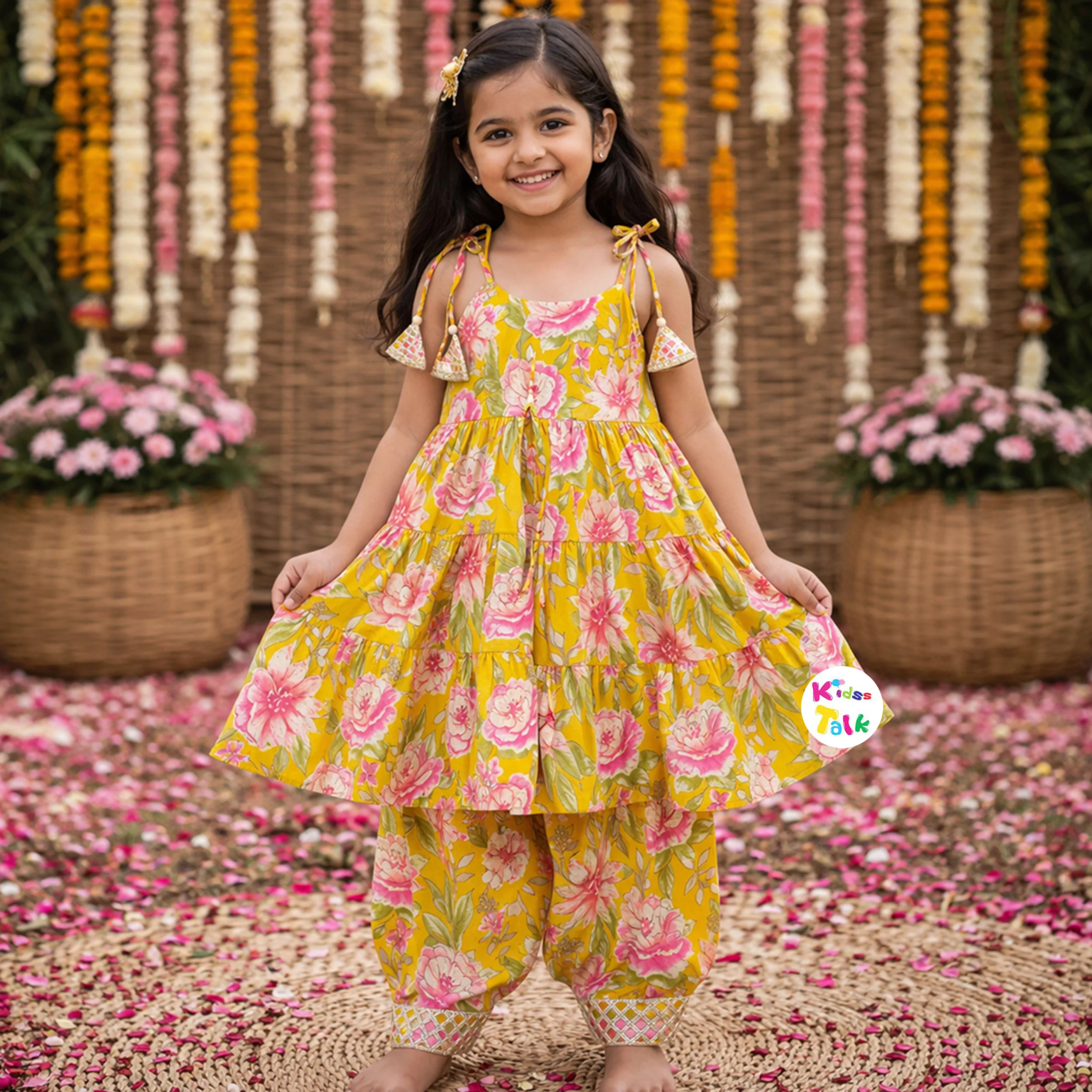 Cotton Sleeveless Printed Kurta With Salwar & Dupatta - Mustard