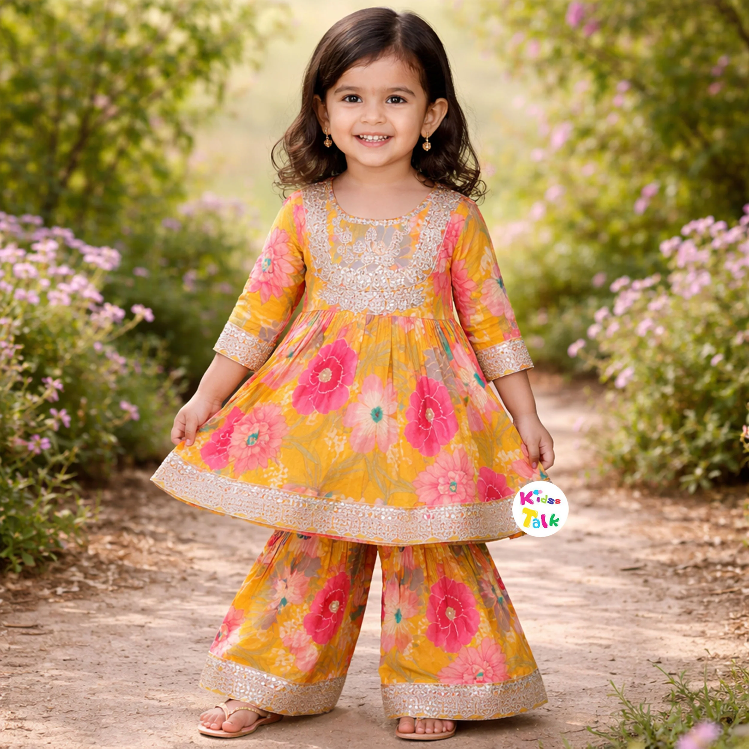 Cotton Full Sleeve Printed Kurta With Sharara & Dupatta - Mustard