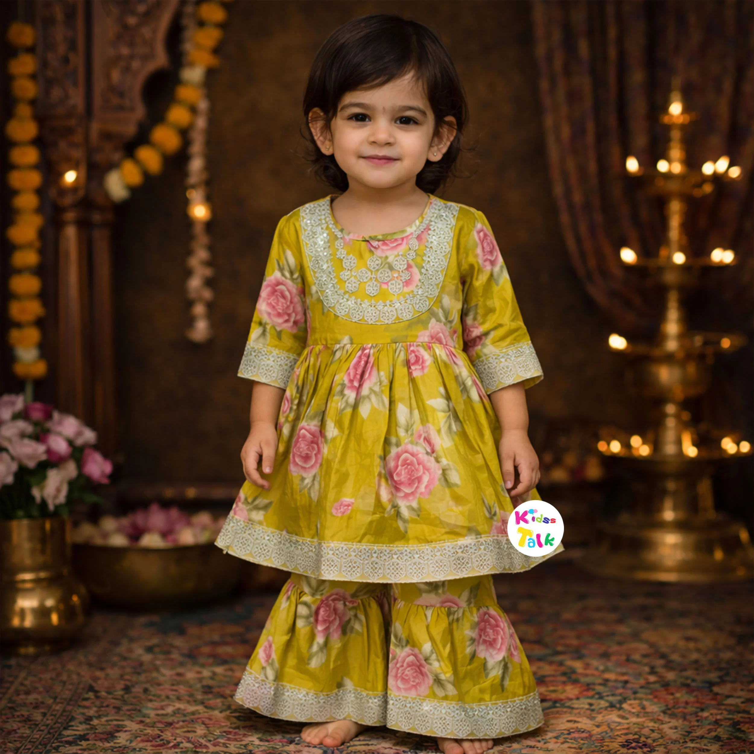 Cotton Full Sleeve Printed Kurta With Sharara - Pista Green