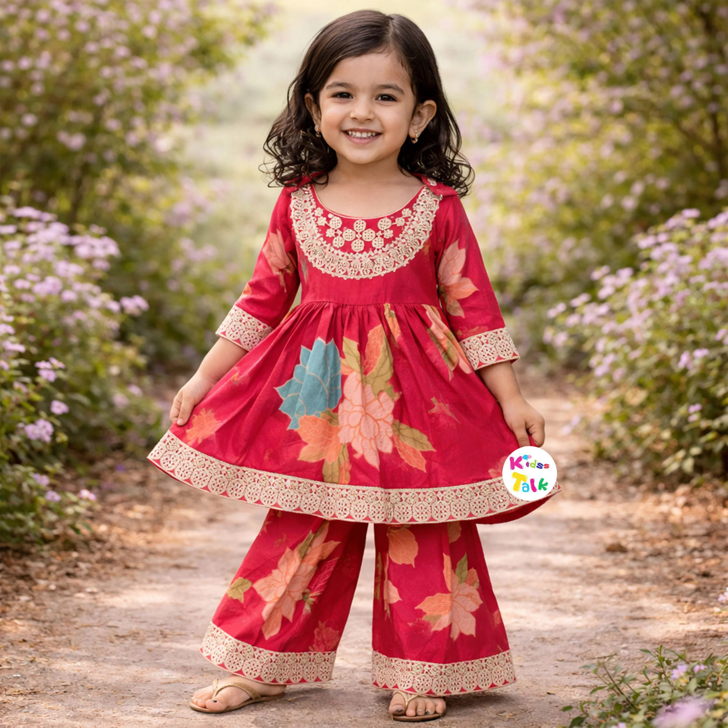 Cotton Full Sleeve Printed Kurta With Sharara - Red