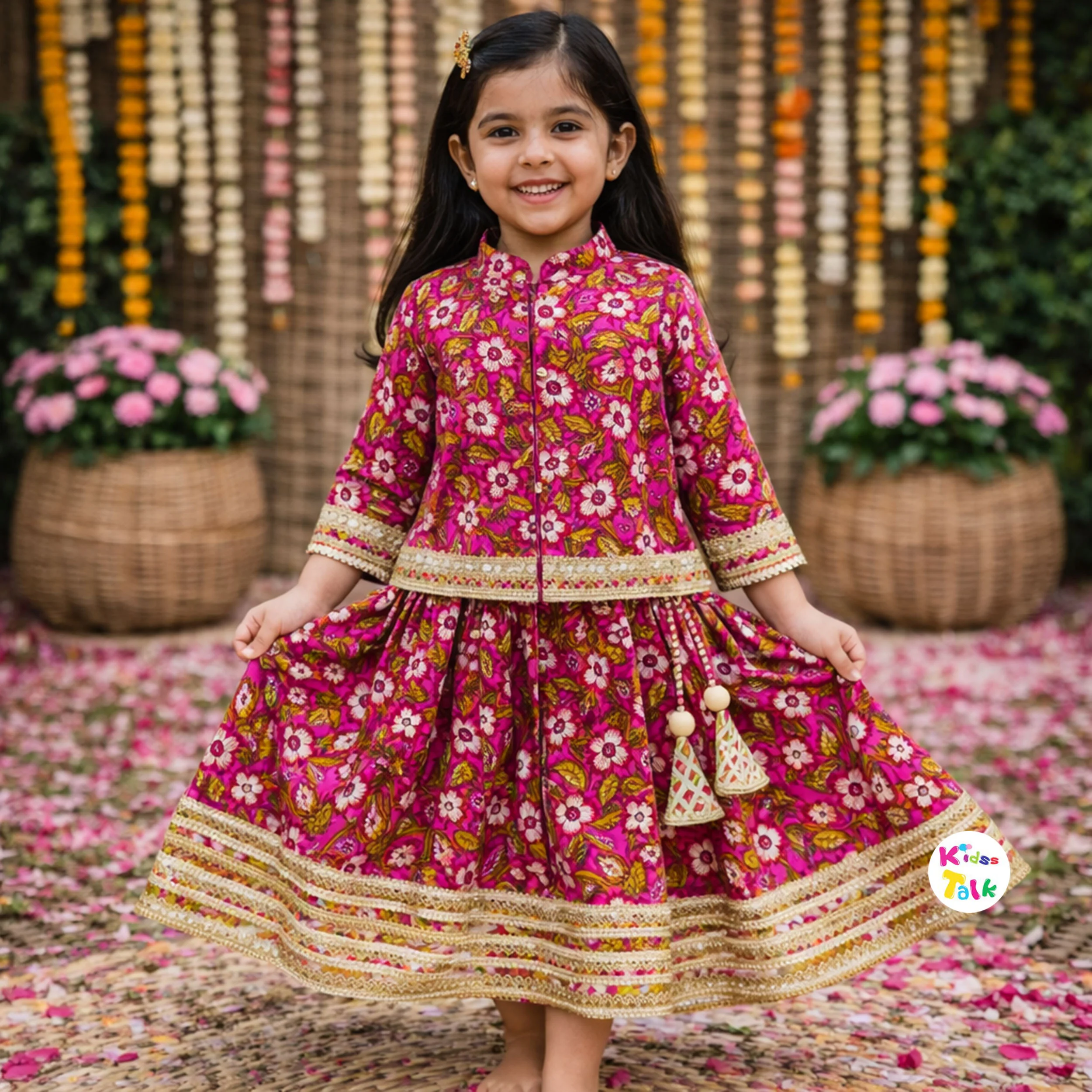 Cotton Full Sleeve Printed Top With Choli & Dupatta - Hot Pink
